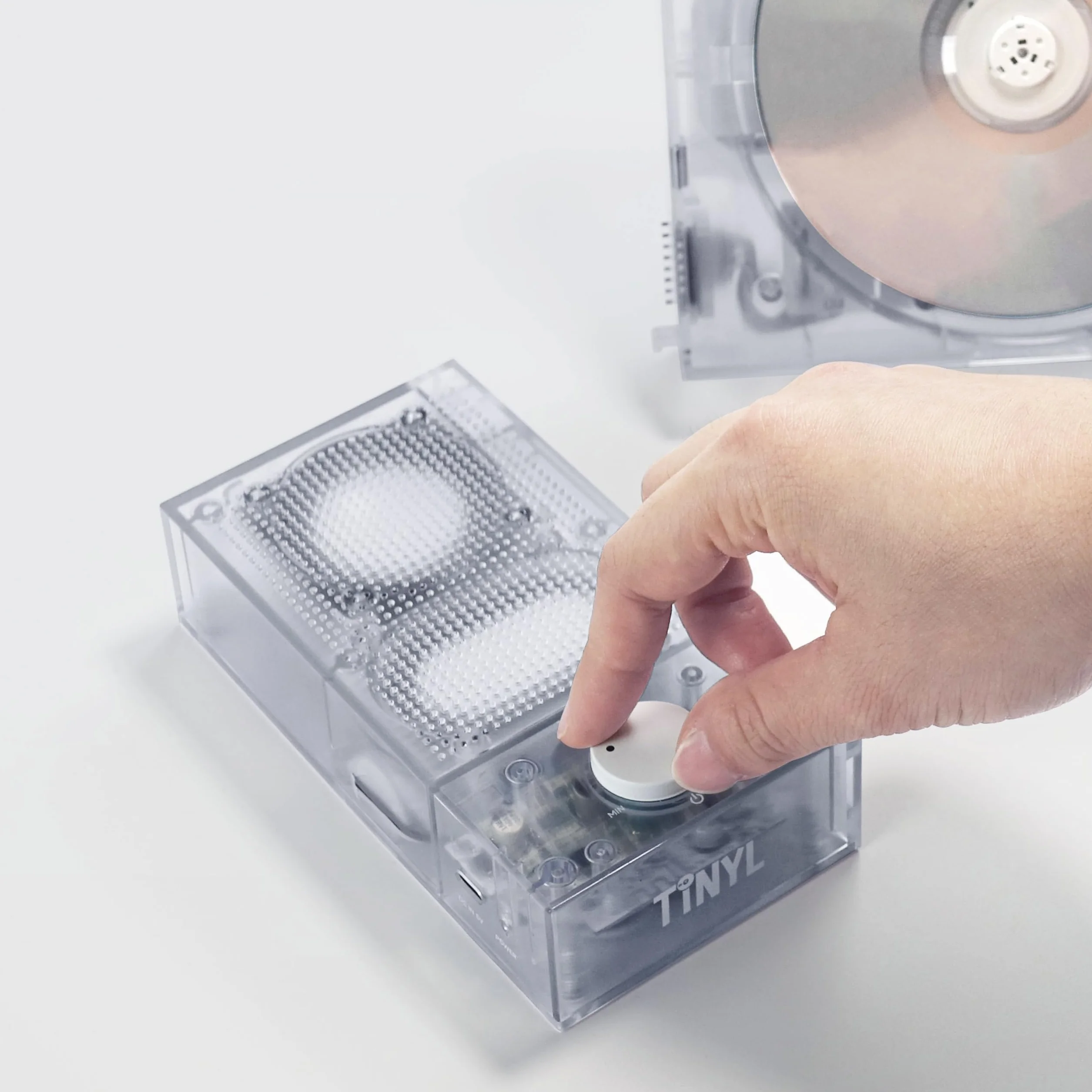 【Tinyl Split】Reproductor de CD 3 en 1 completamente nuevo y mejorado, blanco transparente, altavoz Bluetooth desmontable y reproductor de CD, portátil, recargable, para el hogar como regalo
