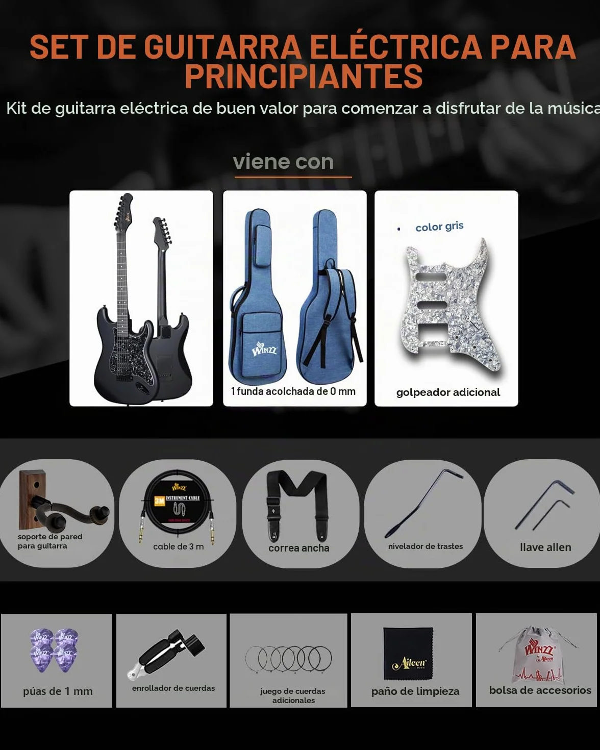 Winzz Guitarra Eléctrica Adulto 4/4 Tamaño Completo, Pastilla HSS, Guitarra Eléctrica ST para Principiantes Pack con 12 Accesorios, Electric Guitar Kit por 12+ Años (39" Negro Mate, Pickguard Negro)