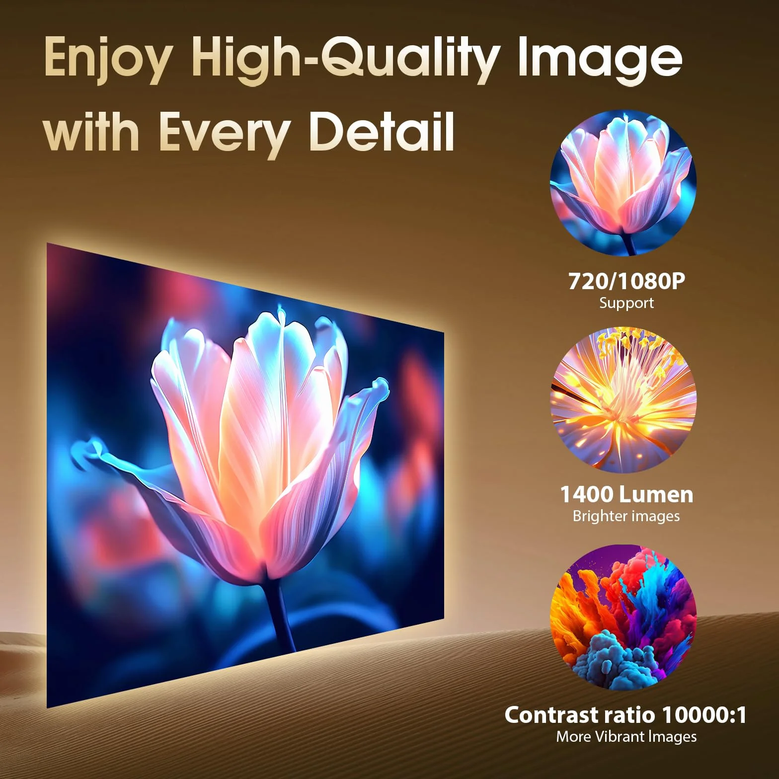 Proyector Portátil 1920x1080P 4K WiFi 6 BT5.2 180° Rotation HDMI USB Blanco
