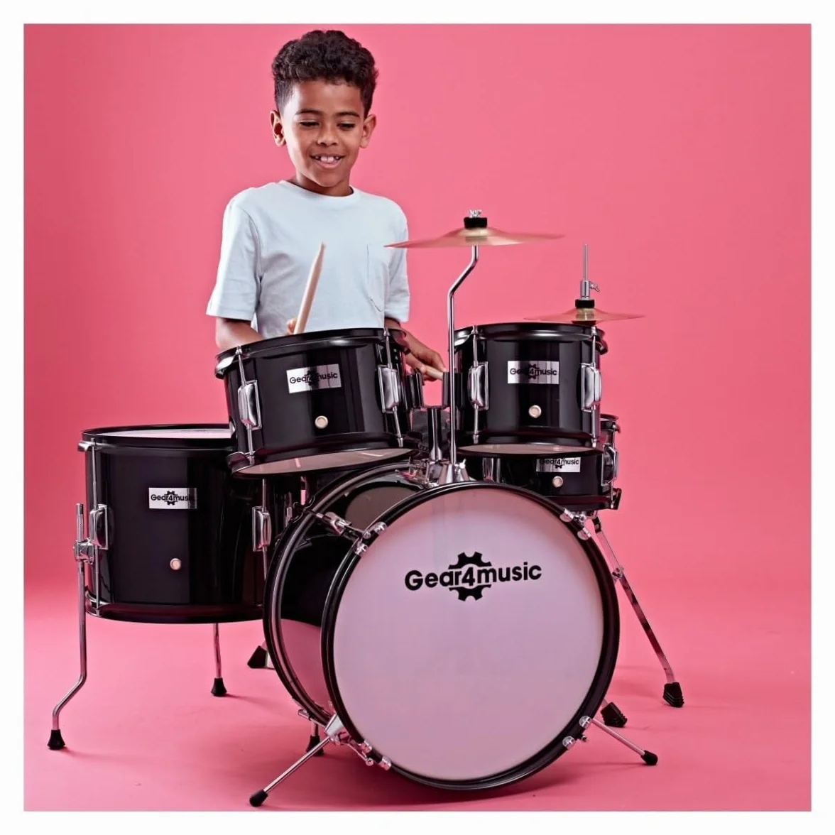 Acoustic Junior Drum Kit Negro 5-Piezas Kid Drum Set para niños de 5-10 años con Snare, Bajo, Tom, platillos