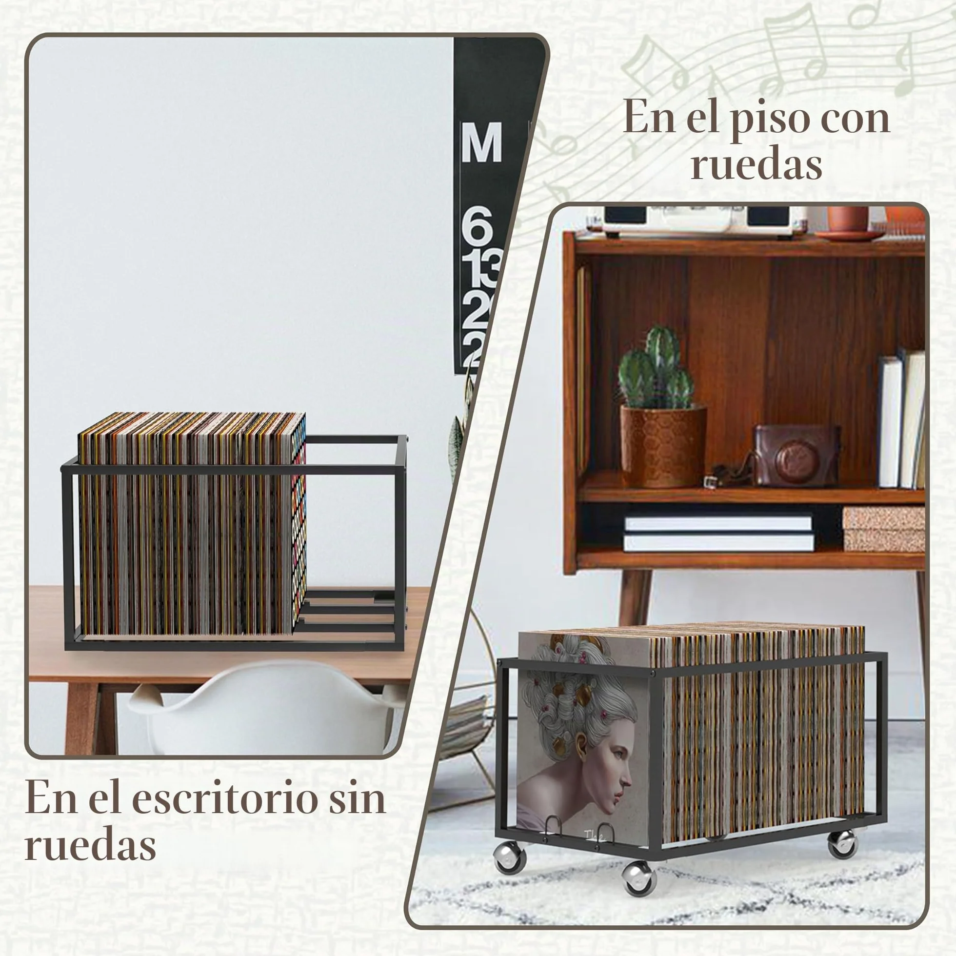 Almacenamiento de discos de vinilo sobre ruedas, estructura de metal resistente, capacidad para hasta 100 álbumes, elegante organizador para tu colección de vinilos