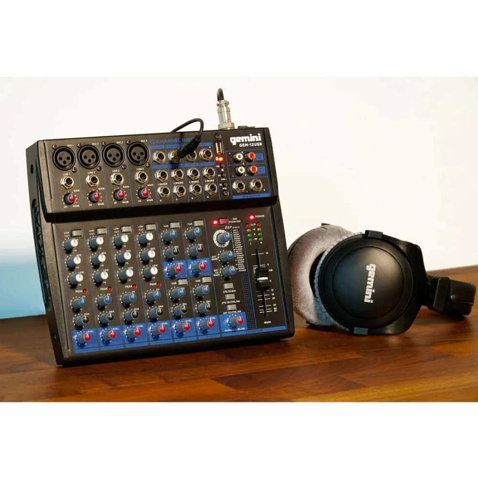 Gemini Sound GEM-12USB Mezclador analógico de 12 canales compactos que incluye 4 canales de micrófono, EQ de 3 bandas, reproducción USB de la memoria USB y Streaming Bluetooth