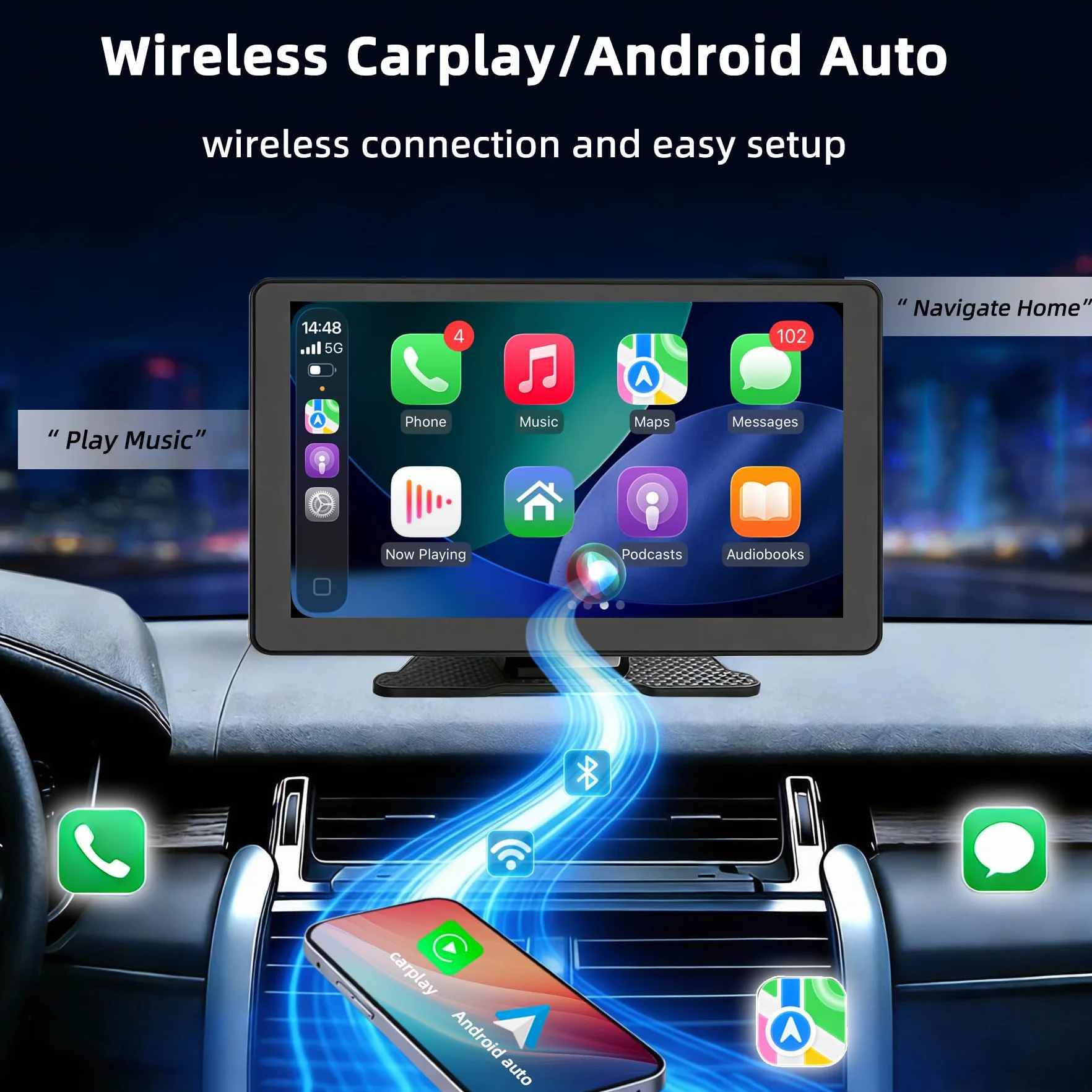 Pantalla Coche 9" con Carplay y Android Auto Inalámbrico - Pantalla Carplay con Cámara Trasera - Autoradio Portátil Car Play con FM Transmisor, AUX | Plug & Play para la Mayoría de Coches