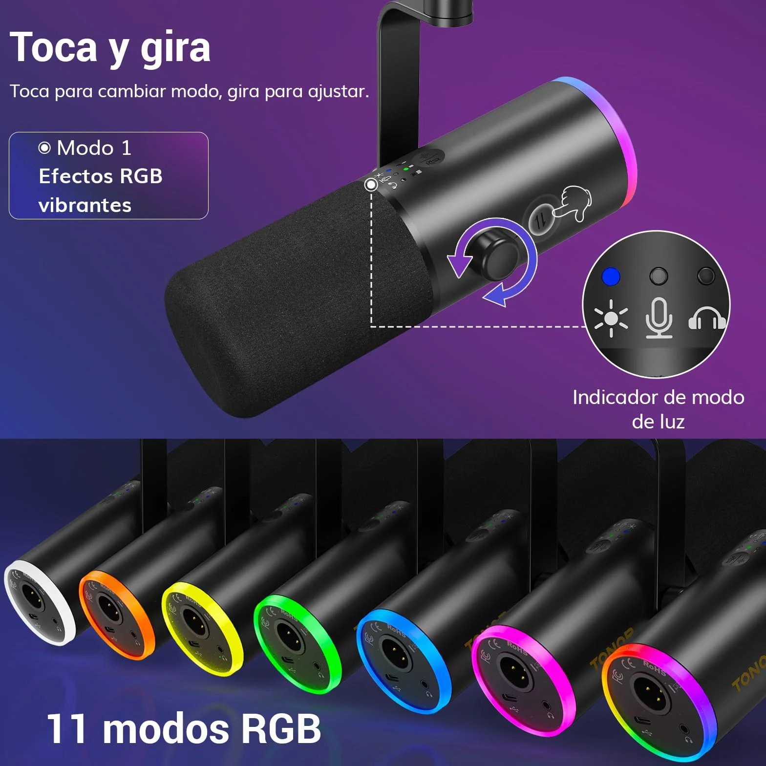 TONOR Microfono de Gaming Dinámico para PC, Micrófono Cardioide Streaming XLR/USB con Brazo para Podcast/Estudio, Cancelación de Ruido IA,RGB Controlable,Conector Auriculares 3,5 mm,Negro,TD510 AIR H+