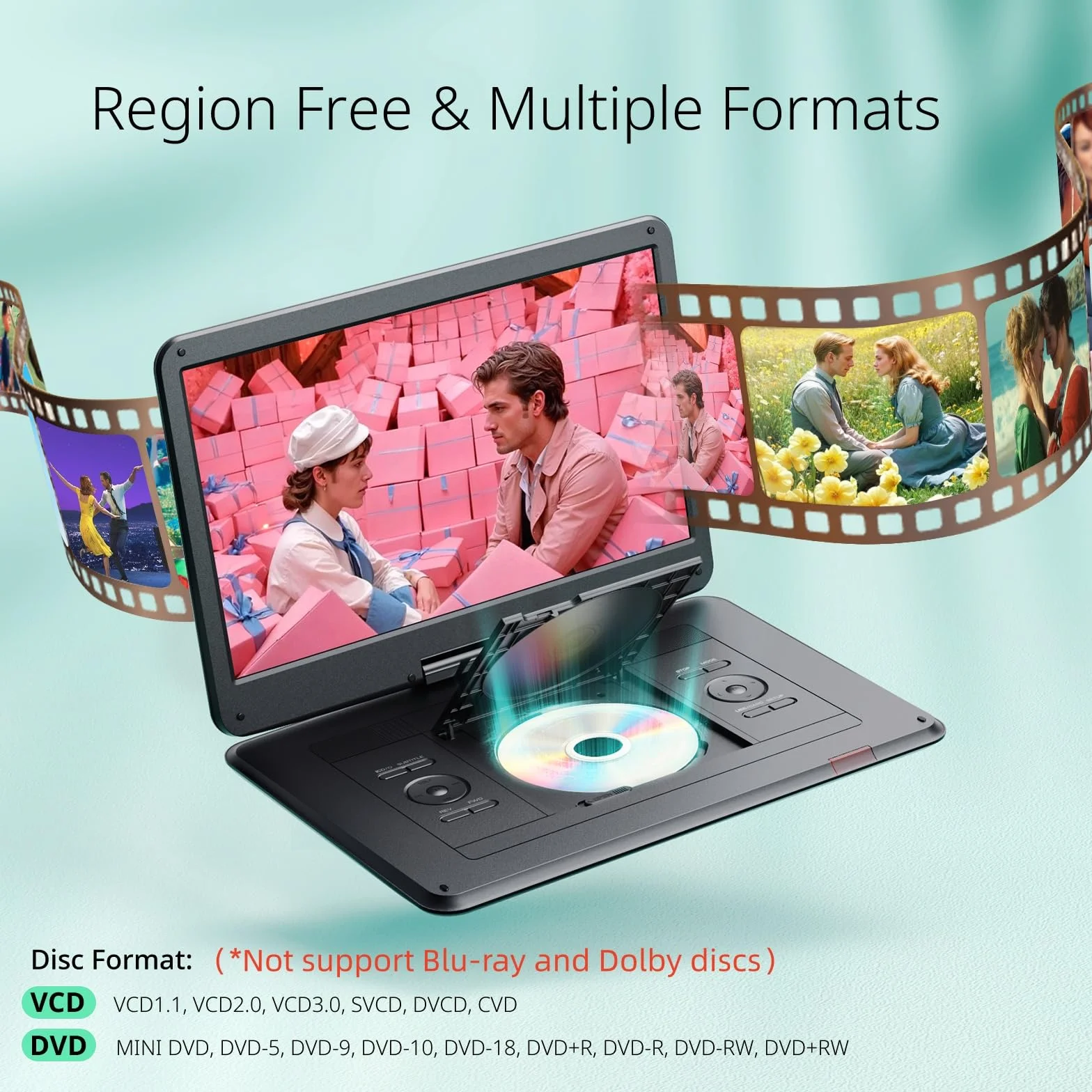 Reproductor DVD portátil Yoton de 17.5" con 15.6" Pantalla Giratoria HD, 6H Battery, Altavoces Estéreo Duales, Restricciones Regionales,Compatible con SD/USB, Conexión a TV/proyector