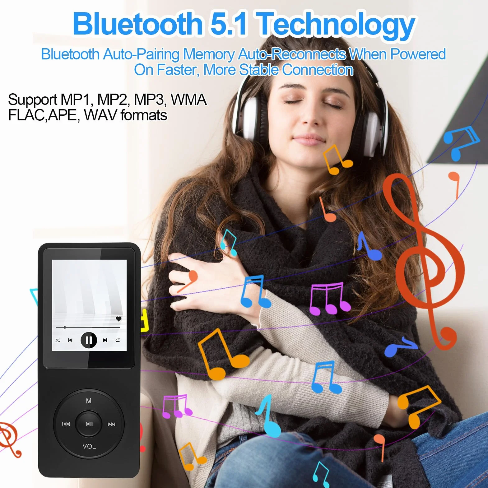 Reproductor MP3 Bluetooth 5.3, 64GB Reproductor de Música con Radio FM Grabadora de Voz, E-Book, HiFi sin Pérdida MP3 WMA Ape FLAC WAV Tarjeta TF hasta 128GB Auriculares con Cable y Adaptador OTG