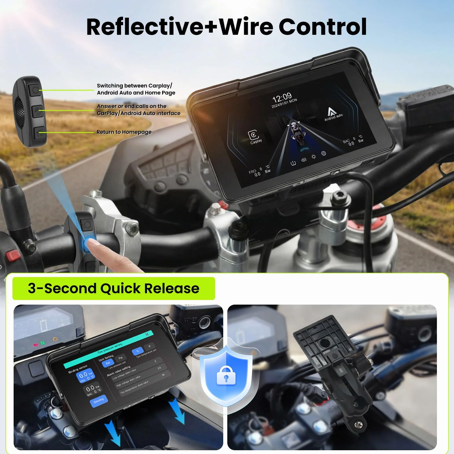 Rimoody Navegador Moto 5 Pulgadas con CarPlay y Android Auto Inalámbrico - GPS para Moto Impermeable IP68, Pantalla Táctil 5'', Montaje Universal, Detección de Presión de Neumáticos 12 V