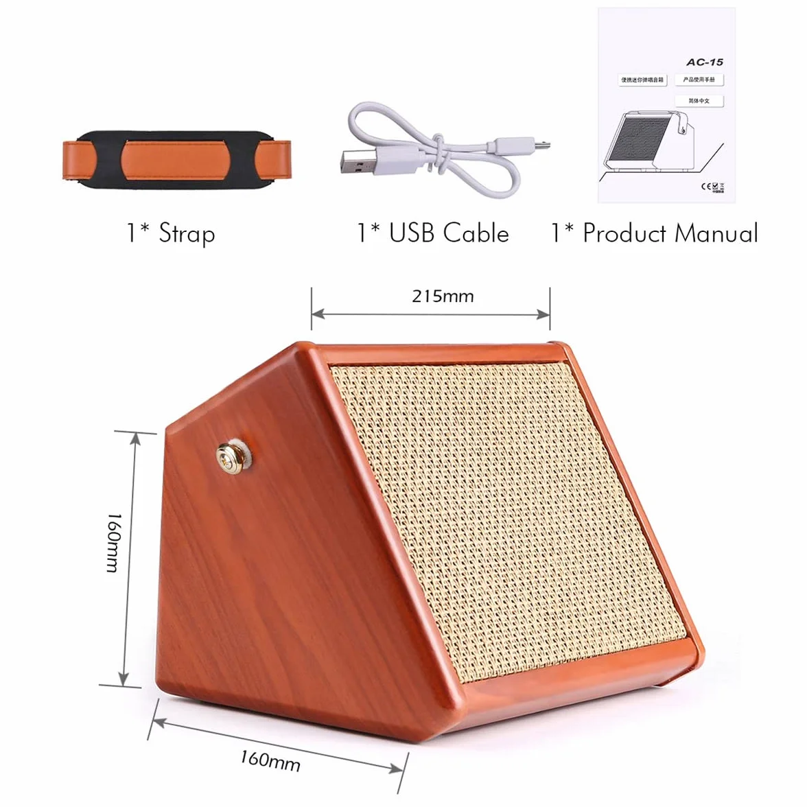 Amplificador de guitarra acústica de 15 W Amp AC-15 BT altavoz con entrada de micrófono, soporta volumen, graves, control de agudos, efecto de reverberación, batería recargable integrada
