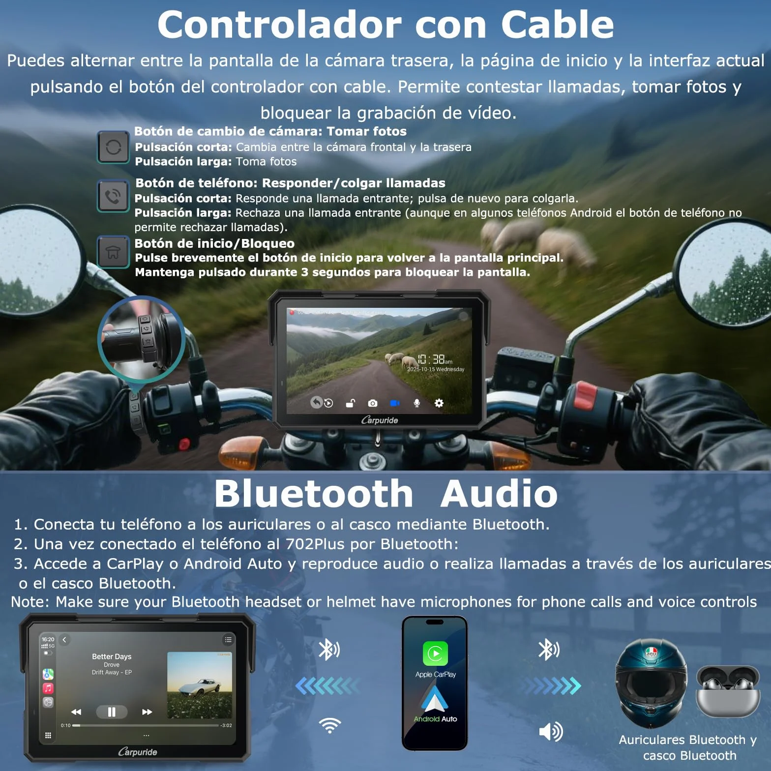 Carpuride W702 Plus Motocicleta Carplay Pantalla con Doble Cámara 7" Pantalla Táctil Impermeable CarPlay Android Auto Inalámbricos