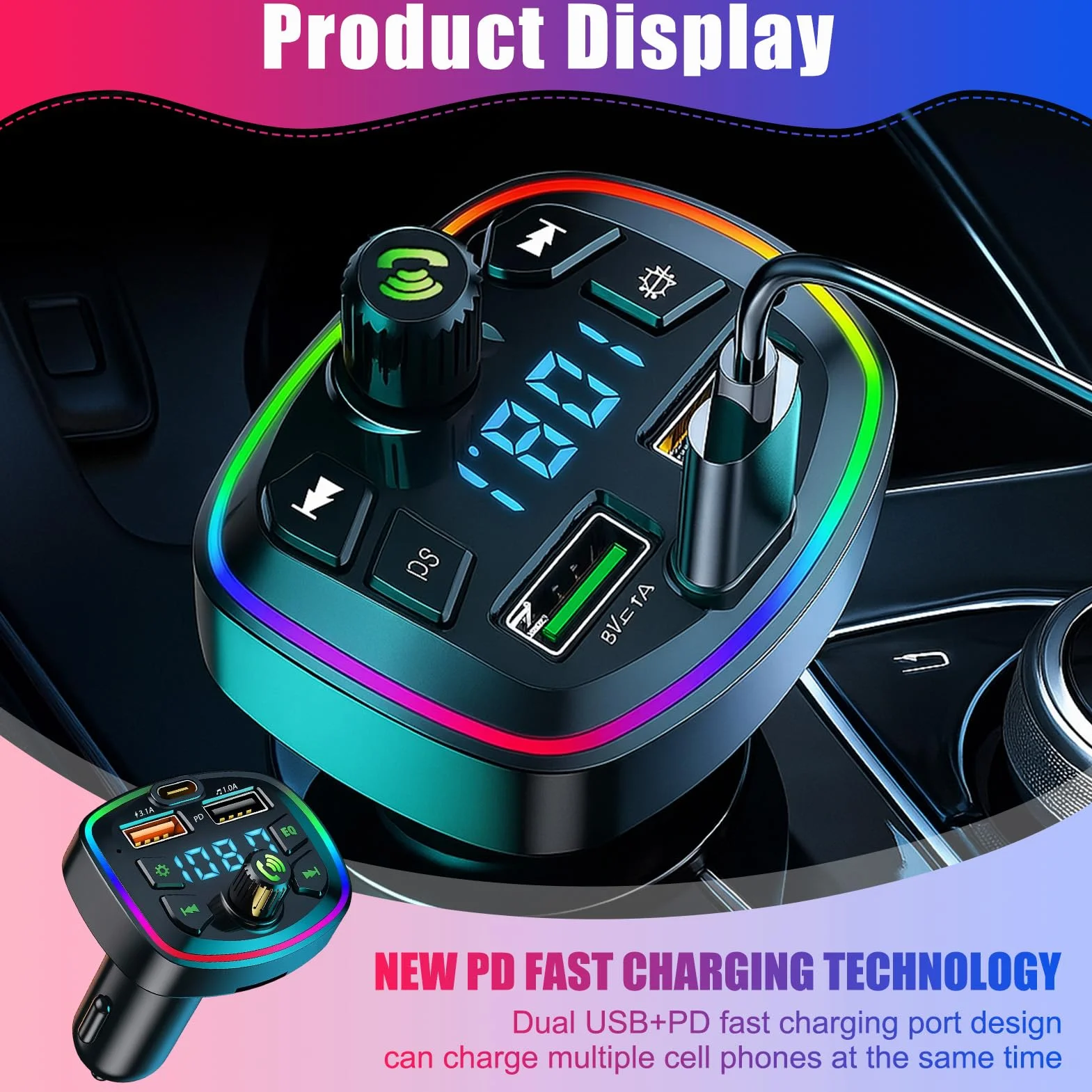 Transmisor FM Bluetooth Coche Adaptador Manos Libres 3.1A 18W PD