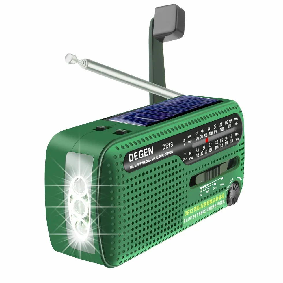 DE13 Radio a Pilas Solar de Emergencia con Manivel, Radio Portátil Pequeña FM Am SW Energía Solar, Manivela de Dinamo Manual Linterna Lámpara de Campamento for Apagón