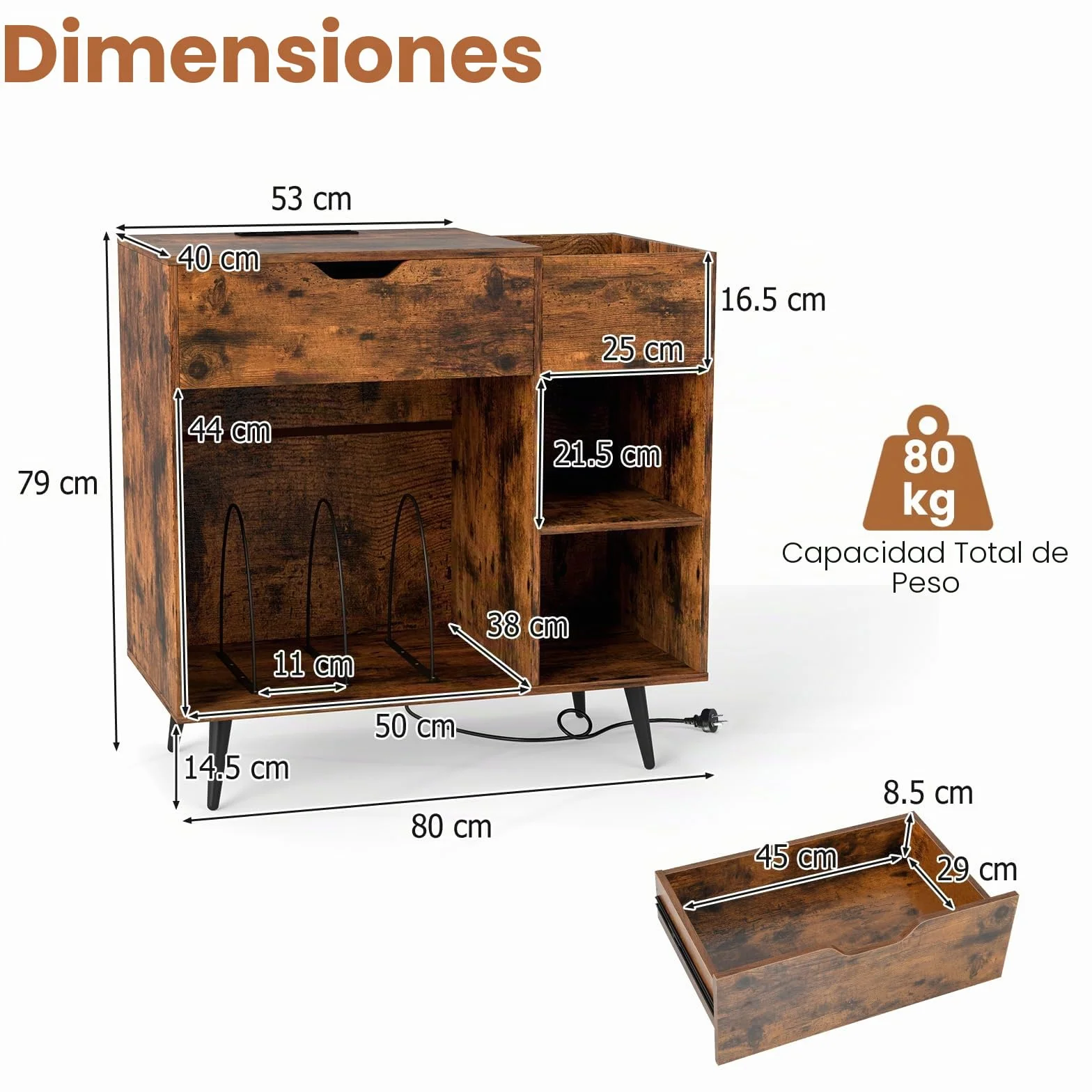 KOMFOTTEU Soporte para Tocadiscos con Estación de Carga, Mesa Auxiliar con 4 Compartimentos Abiertos y Cajón, Mueble para Tocadiscos con Carga 80 kg, Estantería de Discos de Vinilo, 80 x 40 x 79 cm