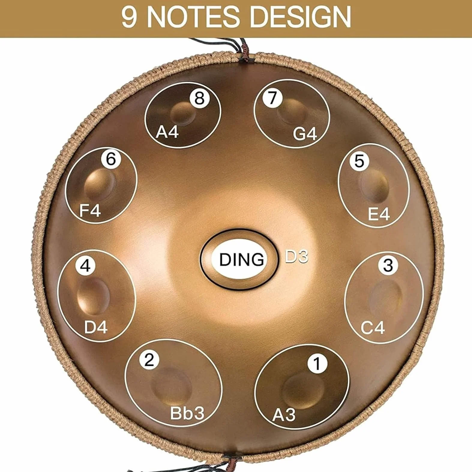 Instrumento de tambor Handpan, tambor de acero de 22 pulgadas en re menor, 9 notas 440 Hz percusión instrumentos musicales juego de batería de mano, hecho a mano,con soporte de mazo de bolsa -oro