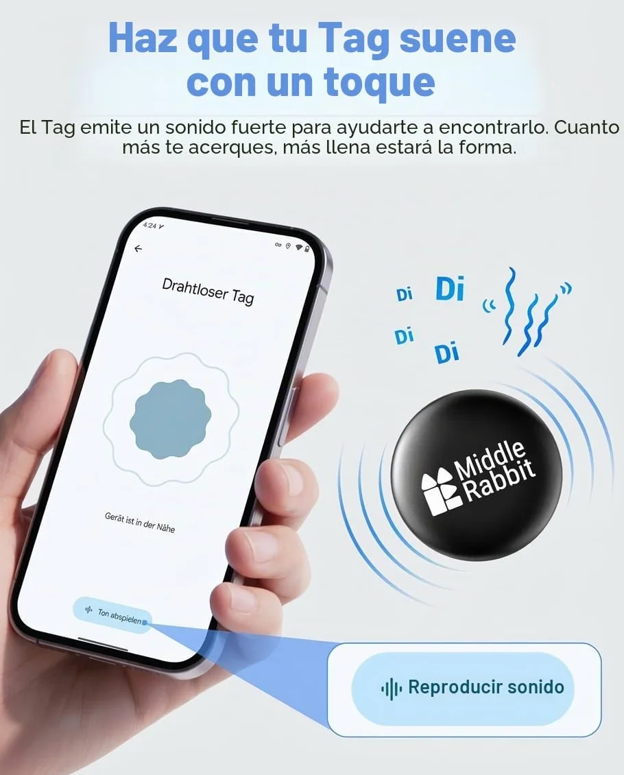 Localizador Perro Android para Collar, Rastreador Bluetooth Compatible con Google Find Hub, GPS para Perros Sin Suscripción, Resistente al Agua IPX6, Middle Rabbit