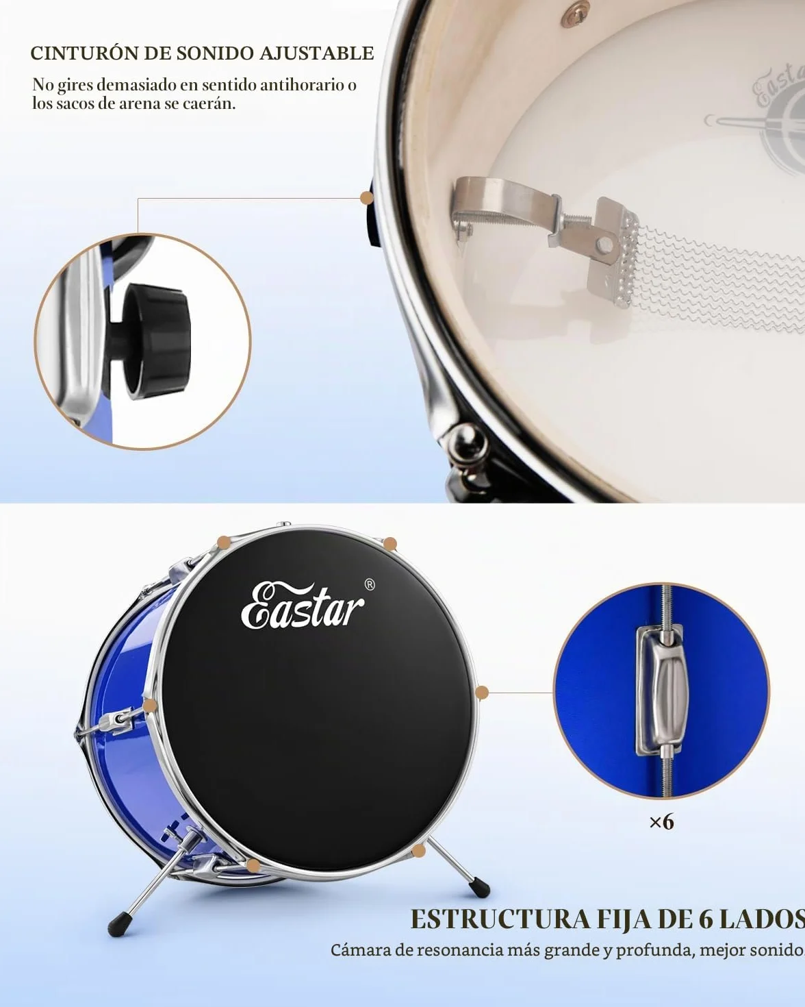 Eastar Batería Junior de 3 Piezas 14 Pulgadas, Juego de Batería para Niños con Trono, Platillo, Pedal y Baquetas, Azul EDS-180Bu