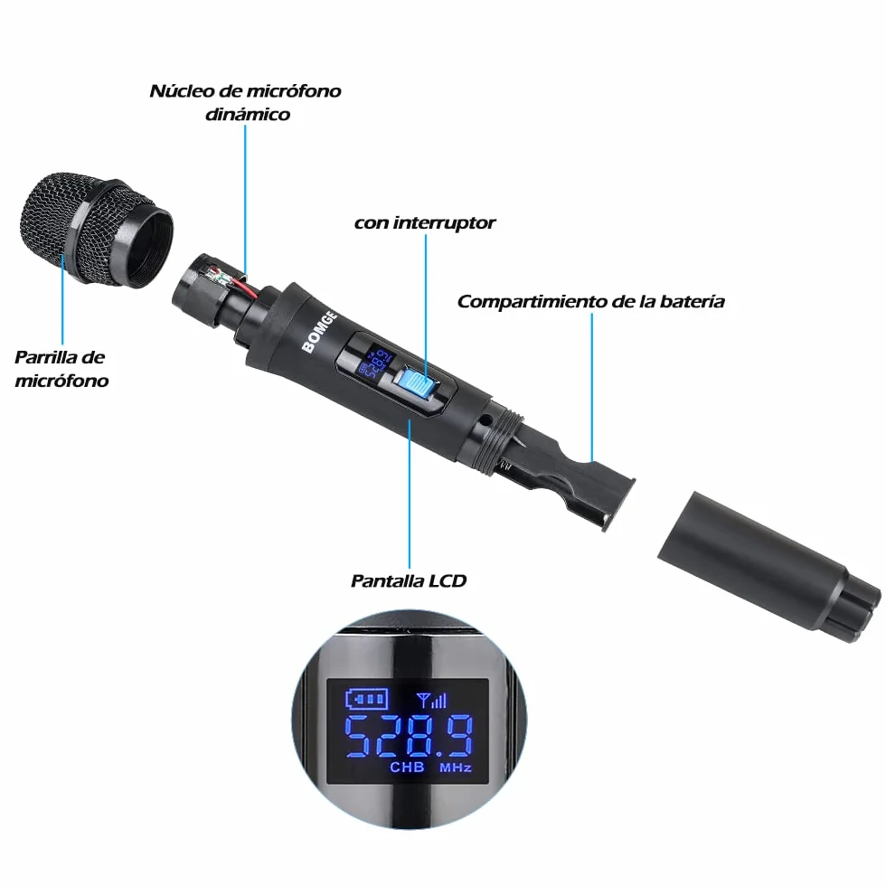 BOMGE Sistema de micrófono inalámbrico, Juego de micrófono inalámbrico Pro de 4 Canales con Cuatro micrófonos de Mano, frecuencia Fija, Largo Alcance de 200 pies, Ideal para Iglesia, Karaoke, Eventos