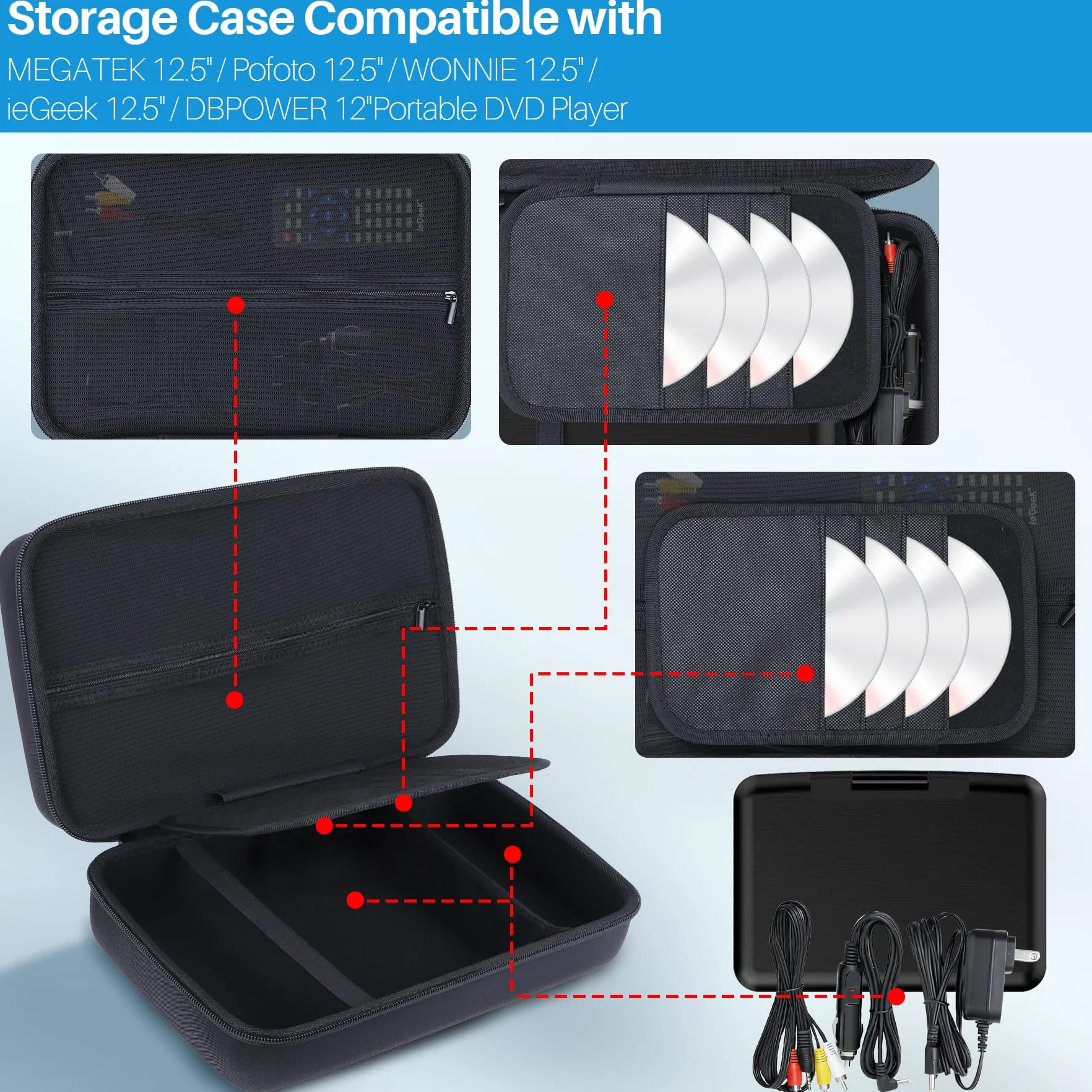 Lebakort Duro Viajar Caja Estuche Funda para Yoton 12,5"/YOOHOO 12,5"/GOnavidio 12"/Arafuna 12-12,5" /DBPOWER 12-12,5 "/WONNIE 12,5"/ieGeek 12,5" Reproductor de DVD portátil (Negro)
