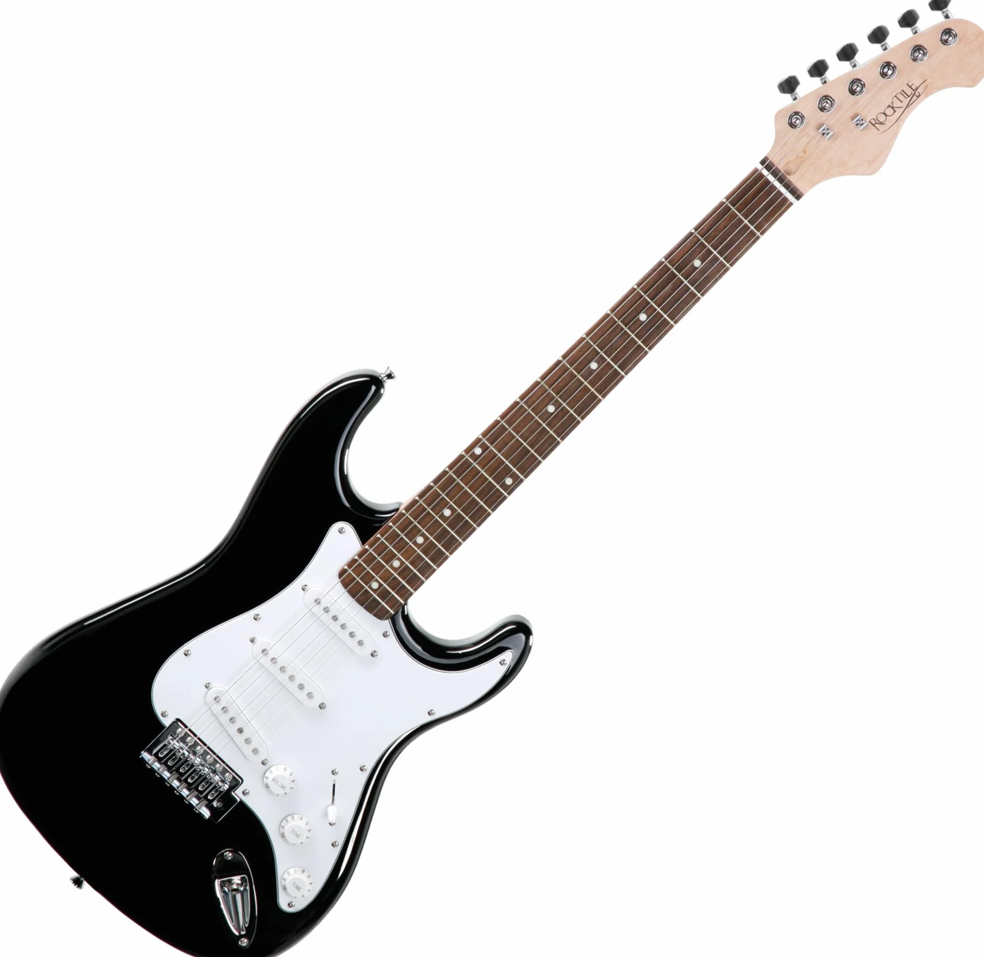 Rocktile Sphere Classic Negra Guitarra Eléctrica, 3x Single Coil, 21 trastes, diapasón Engineering Wood, puente tremolo, cable 2.5m, palanca tremolo y llave Allen, púas blancas.