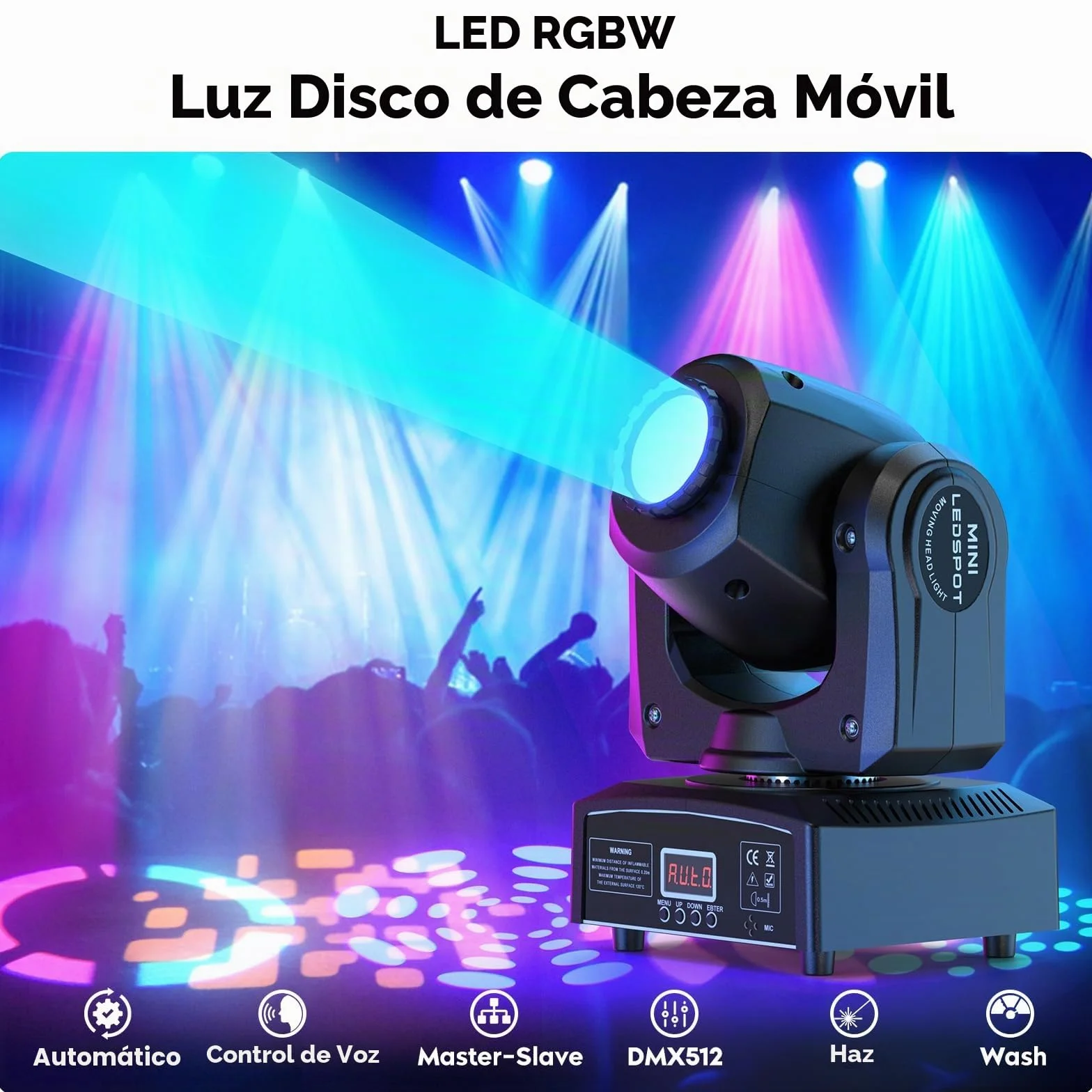 Mini 50W Cabeza Móvil LED Foco Luces de Escenario, RGBW Luz de Discoteca con 8 Patrones 8 Colores Efectos de Iluminación Wash Focus Control de Sonido DMX512 para KTV Bares DJ Fiesta 2 unidades