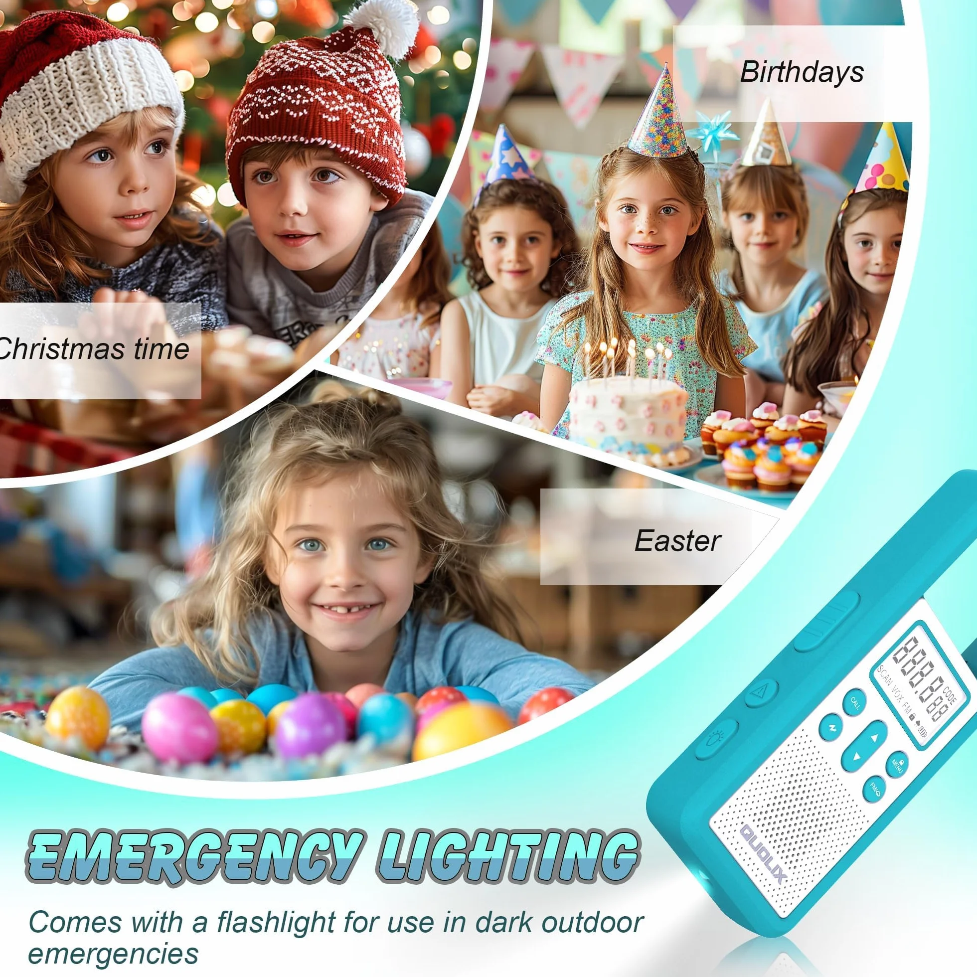 Walkie Talkie Largo Alcance, QUOLIX 4pcs Profesional USB Recargable con Batería Incorporada 8 Canales Radio - Fácil Emparejamiento Alerta SOS Activado por Voz VOX LED Linternas para Adultos Niños