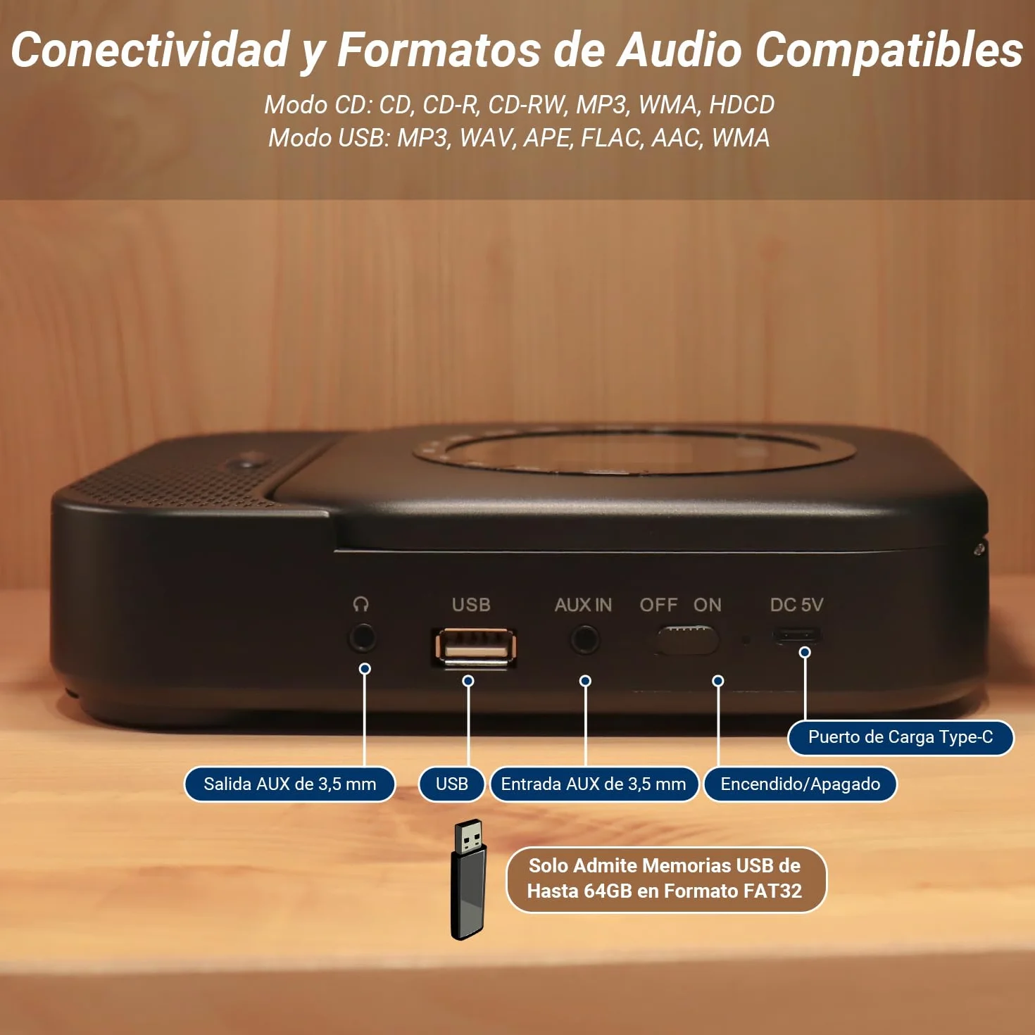 August SE15 Reproductor de CD Portátil con Bluetooth 5.3, USB, AUX In/out, Leitor CD Altavoces Estéreo 6W, Recargable Lector CD, EQ, Antigolpes, Repetición, Montaje en Pared, Auriculares y Mando