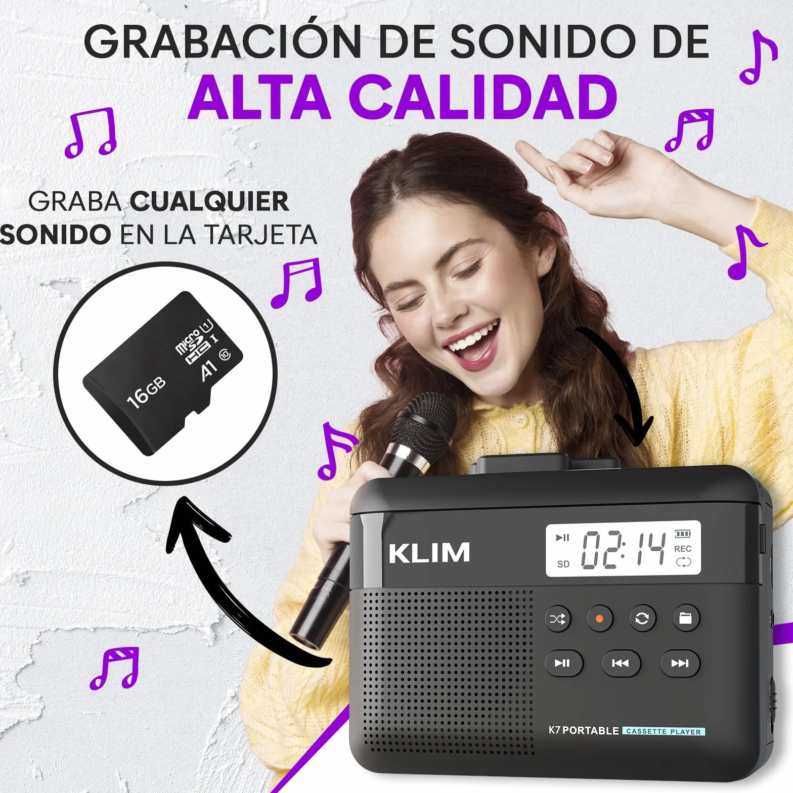 KLIM K7 Reproductor Cassette a MP3 Portátil con Micrófono y Altavoz Integrados Batería Recargable Negro