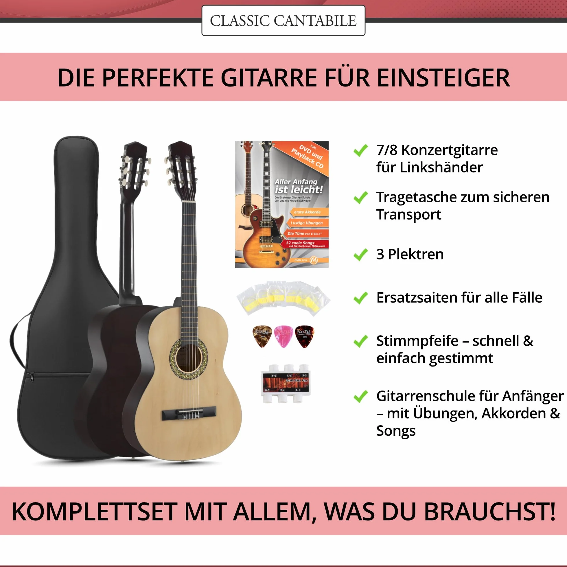 Classic Cantabile Acoustic Series AS-851-L Guitarra Clásica 7/8 para zurdos SET de inicio (guitarra de concierto, funda/bolsa, escuela, CD, DVD, púas, cuerdas, afinador) natural