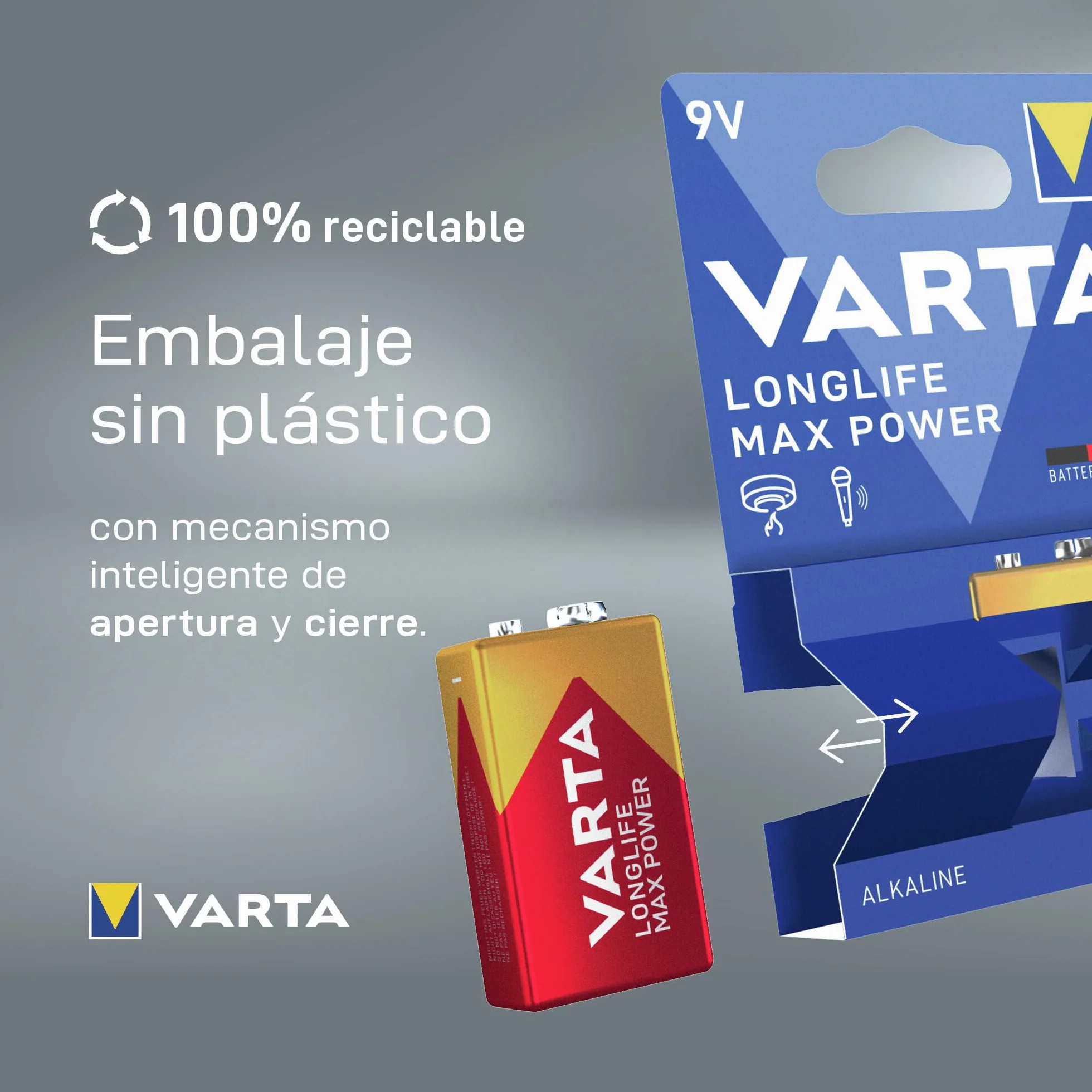 VARTA Pilas de 9V, paquete de 1, Longlife Max Power, Alcalina, para detectores de incendios, detectores de humo, micrófonos