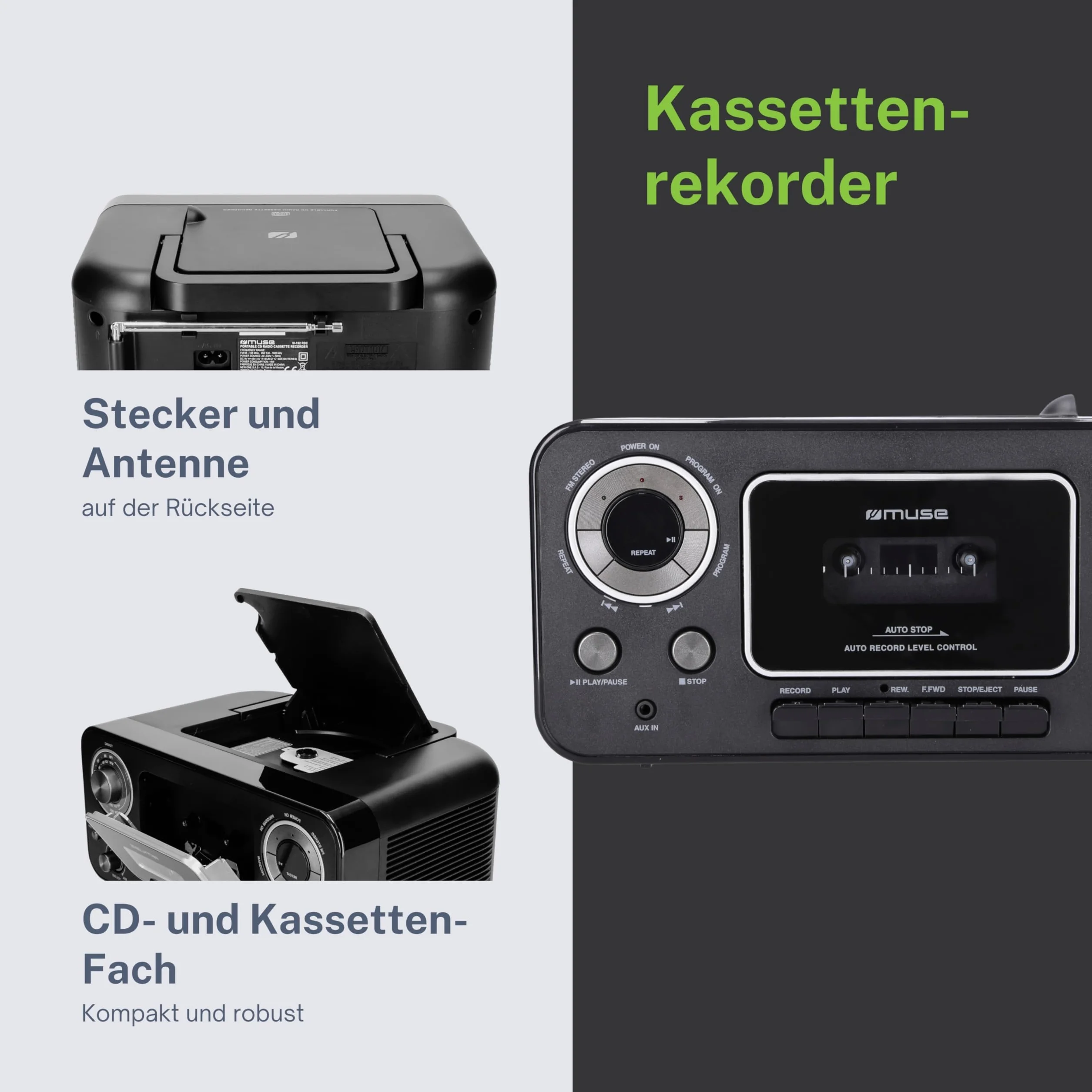 Muse M-182 RDC Radiocd CD Radio Cassette, Negro