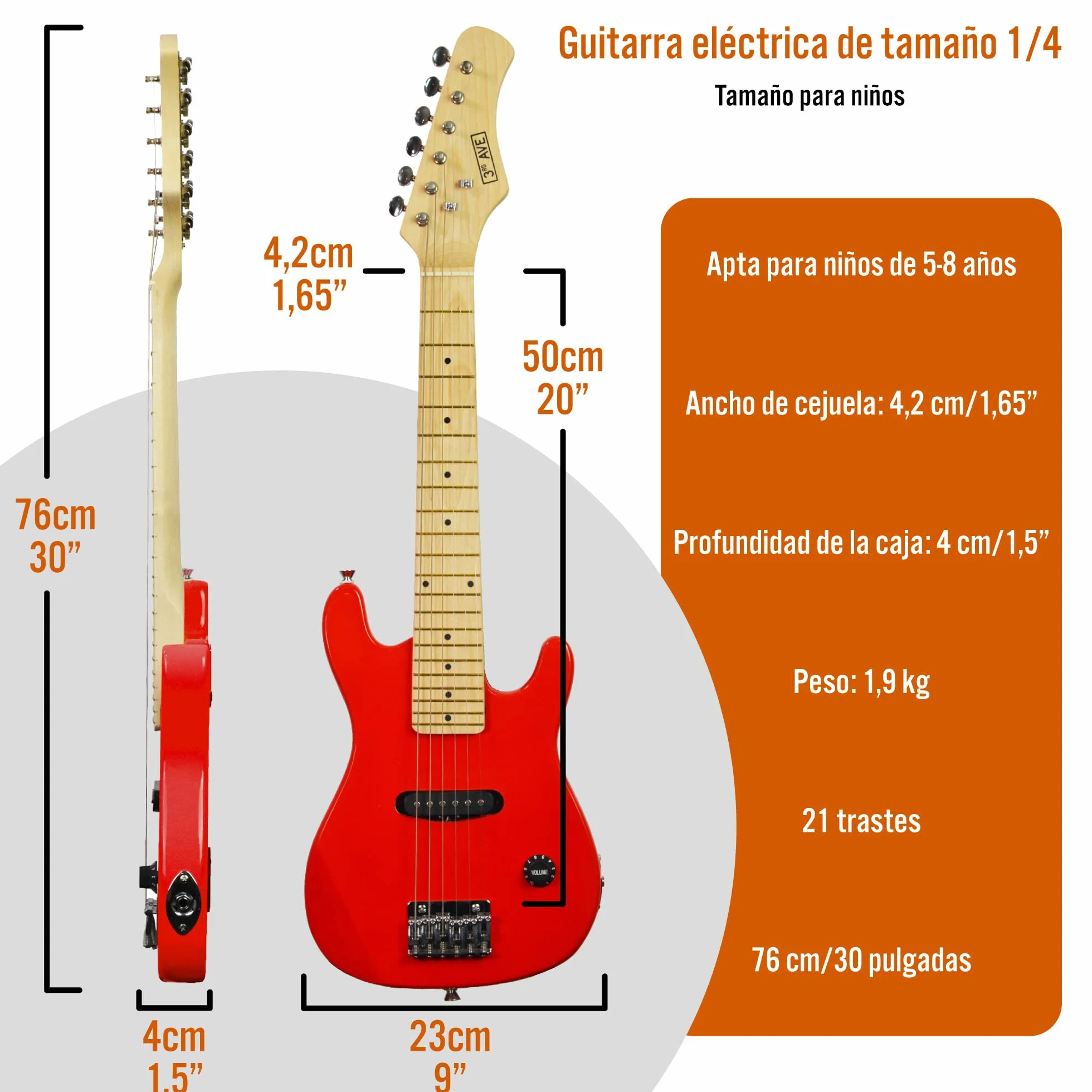 3rd Avenue Pack de guitarra eléctrica de tamaño 1/4 para niños principiantes de 3rd Avenue, amplificador portátil de 5 W, cable, funda de transporte, púas y correa, Rojo
