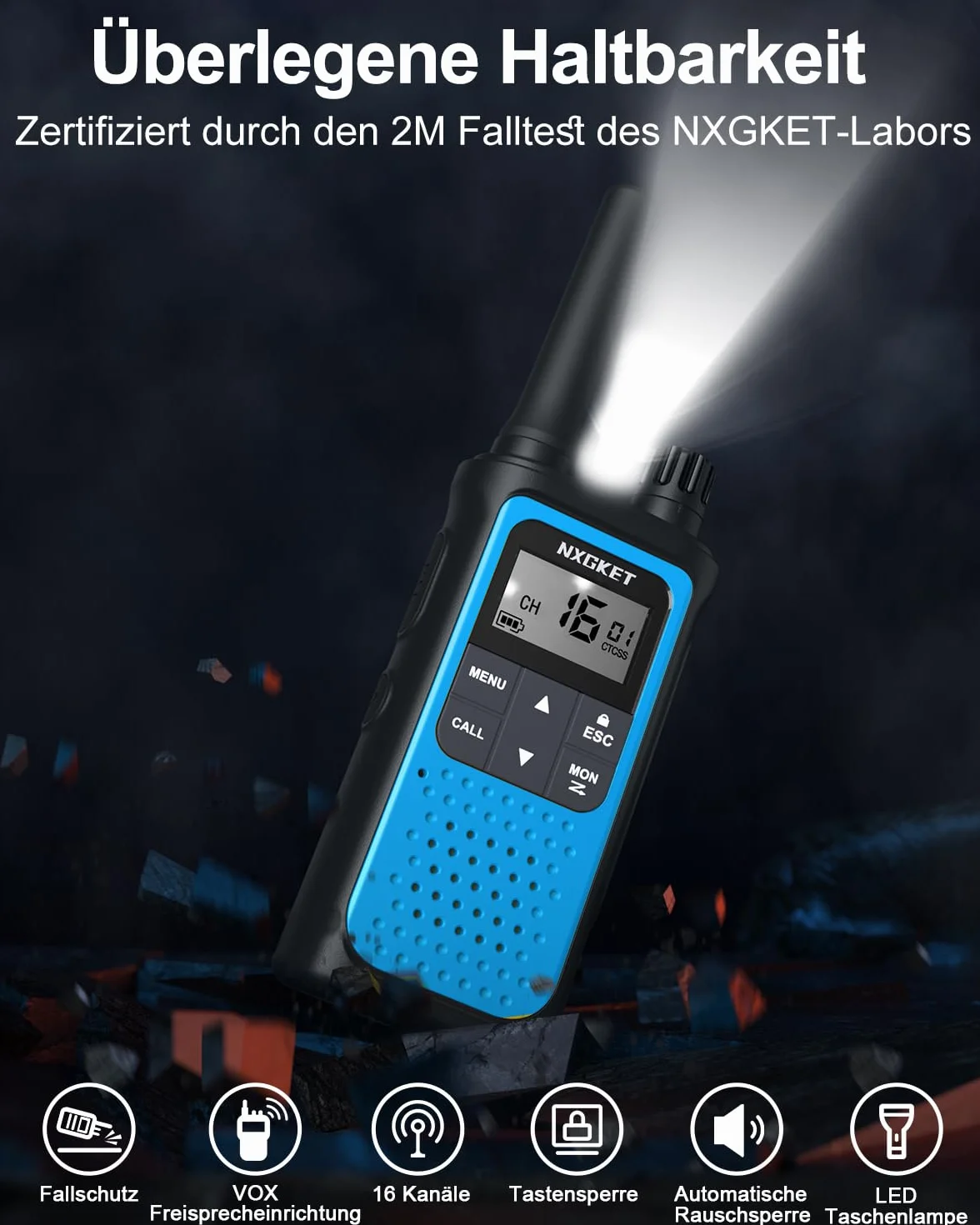 Walkie Talkie Profesional Recargable, NXGKET 3pcs PMR 446 Sin Licencia Radiocomunicación Largo Alcance con Batería Incorporada,16 Canales Radio LCD Pantalla y Luz LED para Camping