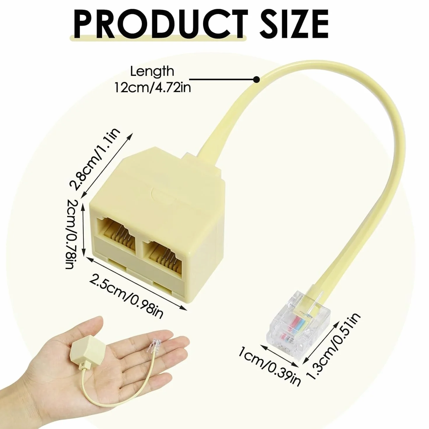 Adaptador Divisor de Teléfono RJ11 Macho a Doble RJ-11, Bifurcador Splitter 6P4C, Cable 10 cm, Plástico, Beige