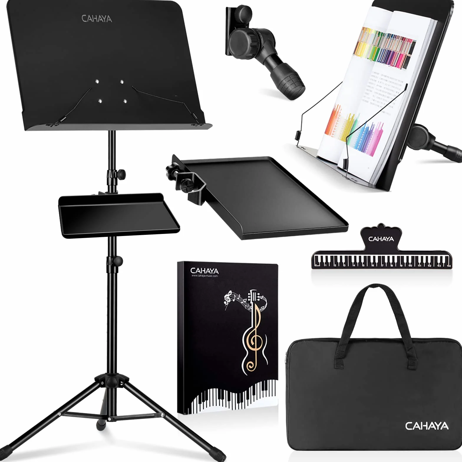 CAHAYA Atril Musica Extensible con Bolsa de Transporte Soporte para Partituras Plegable con Altura y Pestañas de Sujeción Ajustables Incluye Coleccionista de Musica