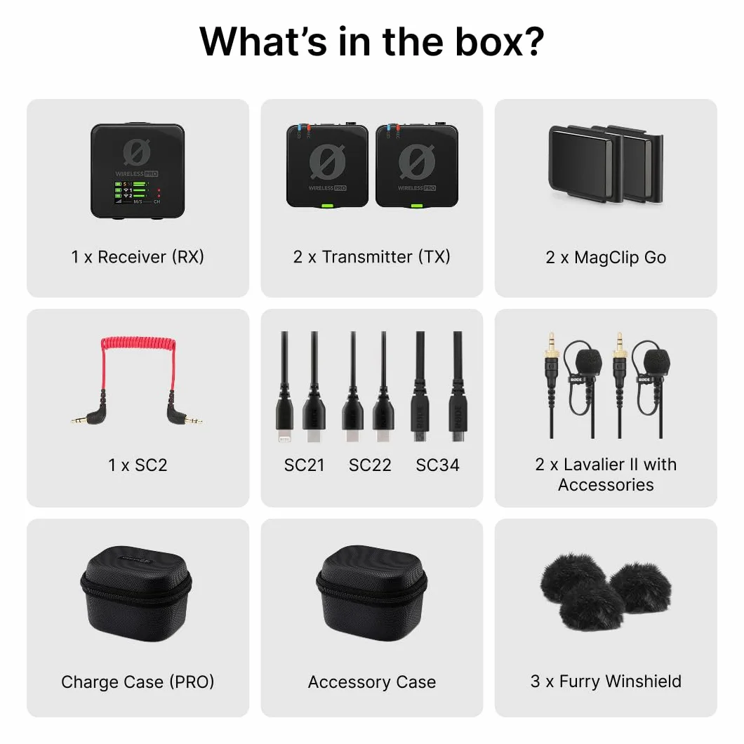RØDE Wireless PRO Sistema de micrófono inalámbrico compacto con timecode, grabación interna 32 bits flotante, 2 micrófonos lavalier y estuche de carga inteligente para vídeo y contenido