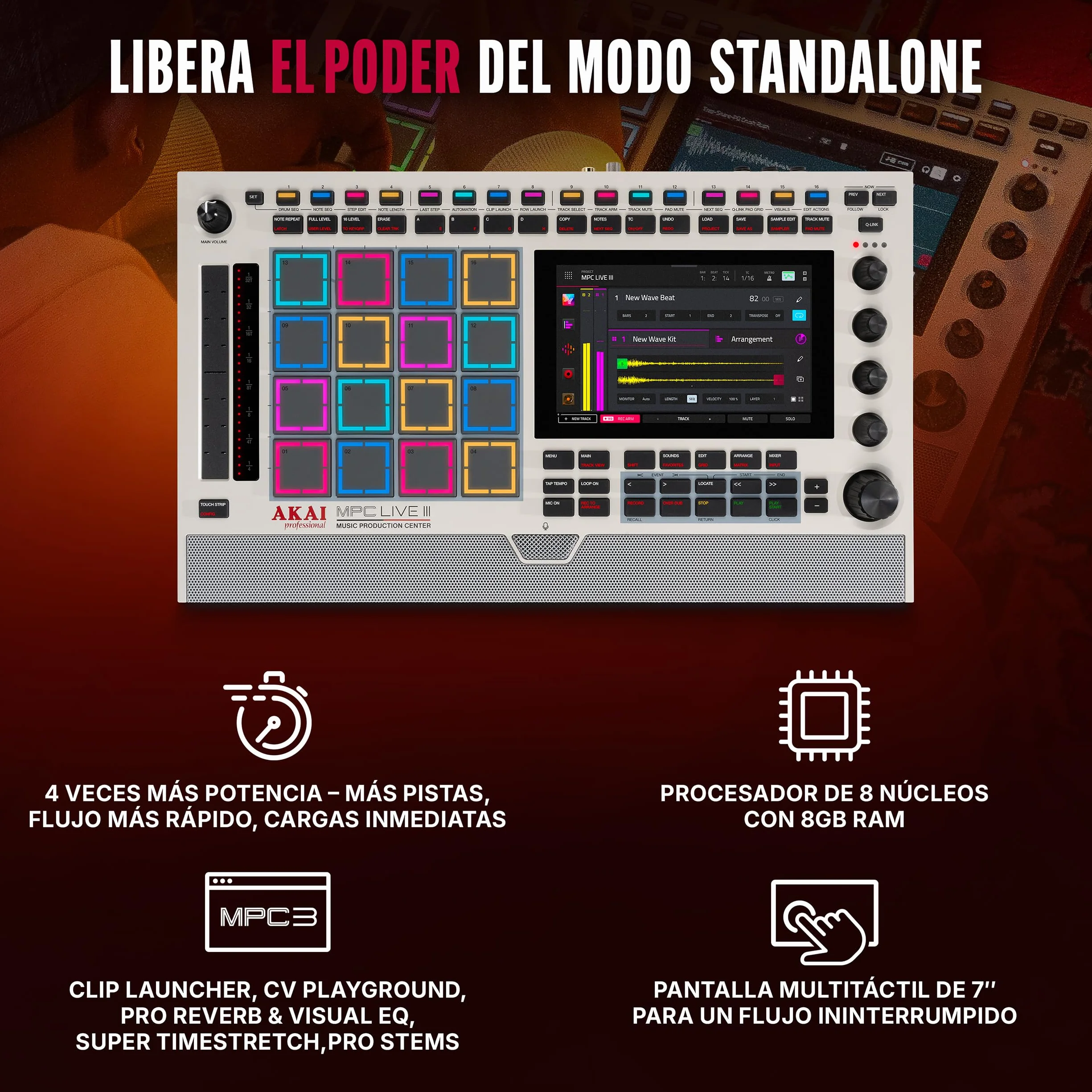 Akai Professional MPC Live III Retro Centro de Producción Musical portátil y Autónomo con Pads MPCe, Secuenciador, Pantalla táctil, Micrófono, Altavoces, Interfaz de Audio, Wi-Fi, Bluetooth, Batería