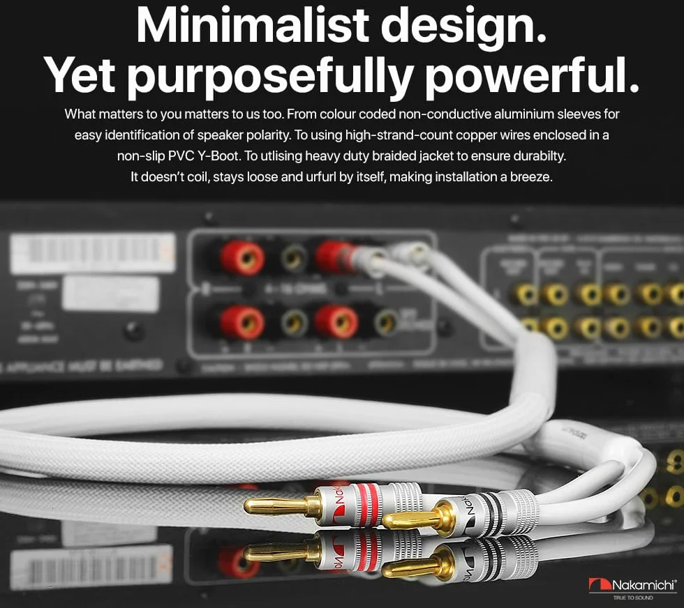 Nakamichi Excel Series Conector tipo banana chapado en oro de 24 quilates con cable de altavoz (6 pies) 99.9% cobre libre de oxígeno (OFC) trenzado resistente - Blanco (12 AWG / 6 pies / 1.8 m)