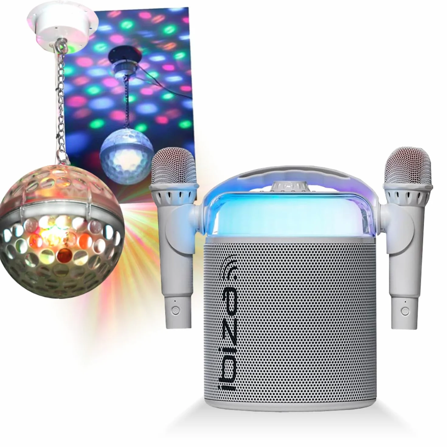 Ibiza Sound – Pack Karaoke Altavoz portátil Bluetooth inalámbrico KARAHOME-WH 120 W USB SD 2 micrófonos – Bola Disco LED RGB Astro-BALL8 Niño