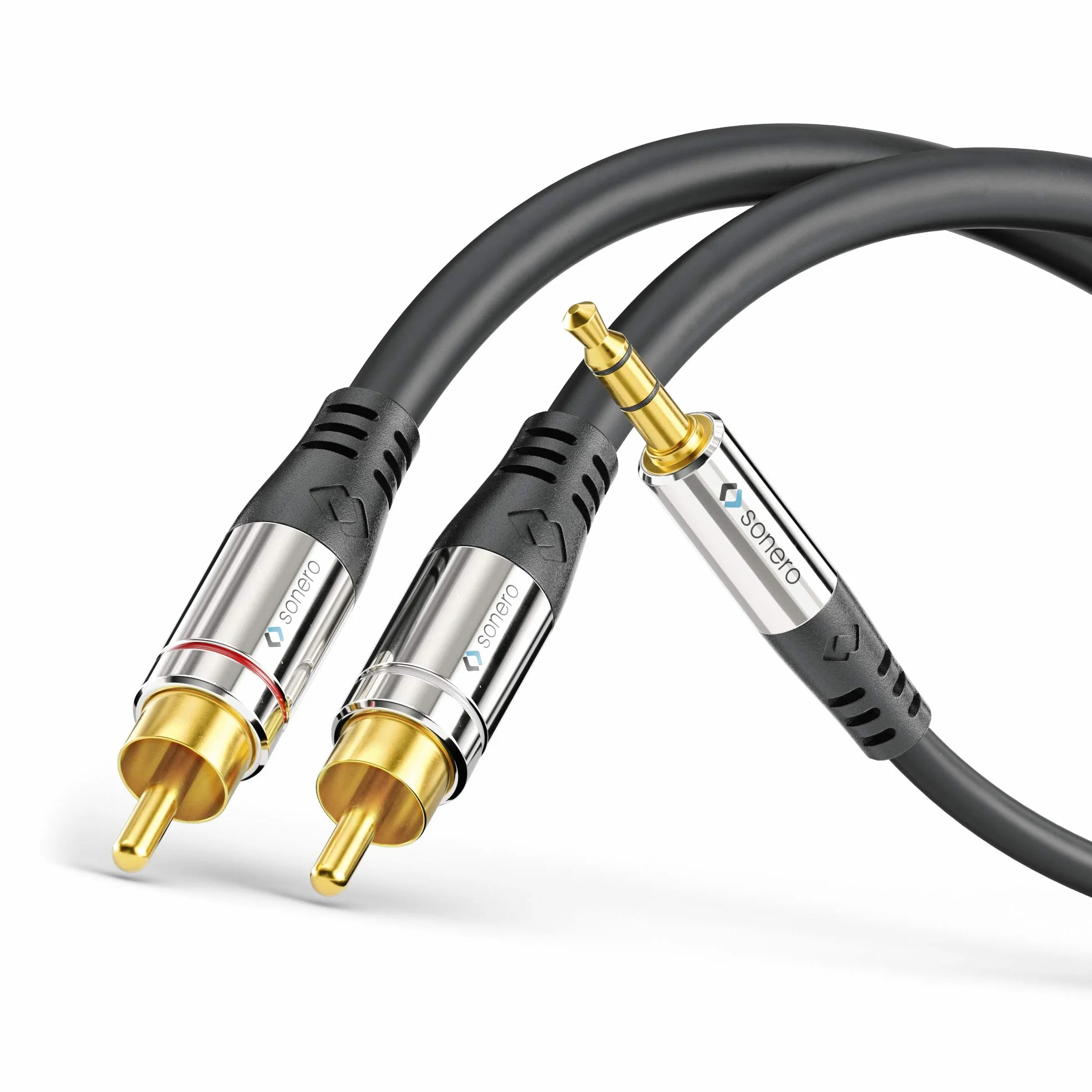 Sonero® Premium cable cinch de 15,0 m, 2x cables cinch a jack de 3,5 mm, cable de audio, sistema de alta fidelidad, AUX, negro