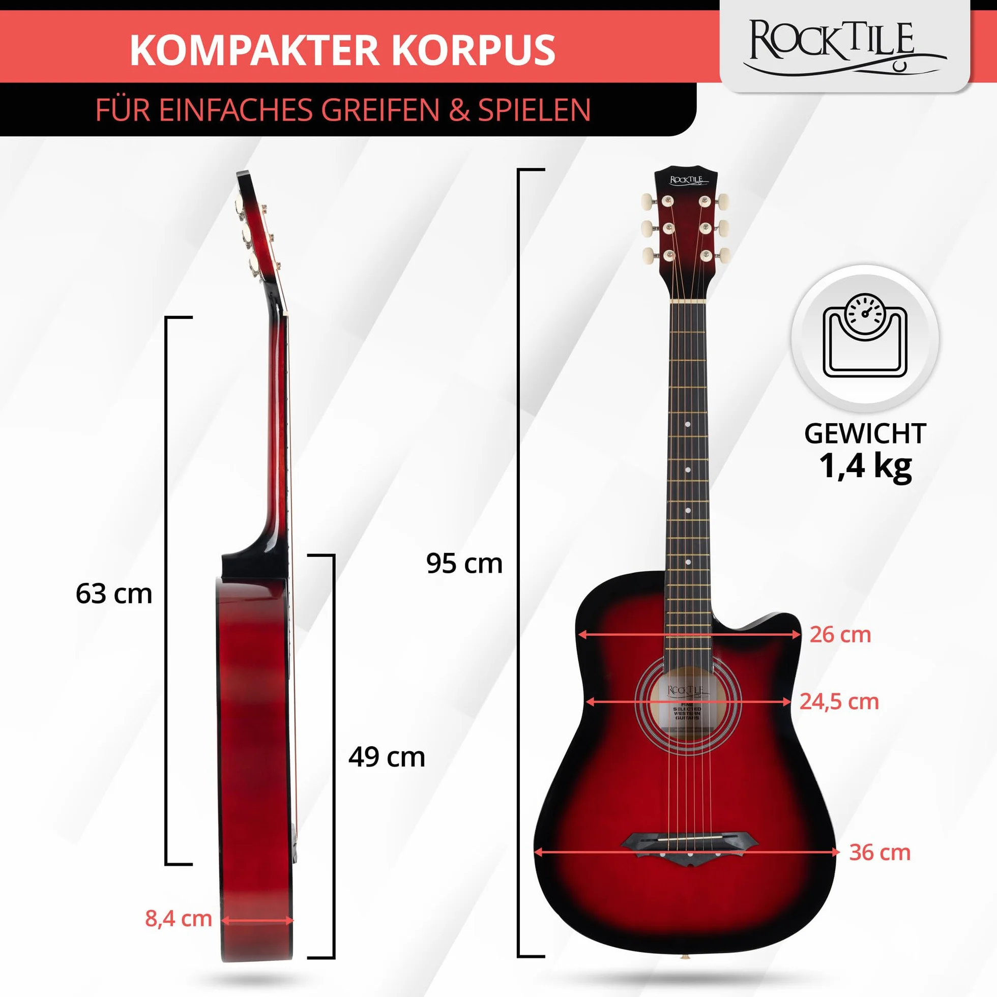 Rocktile WSD-5C-RDB Slim Line Set de Guitarras Western - Guitarra Acústica Dreadnought - Cuerpo de Tilo - Mástil: Catalpa - Set incluye funda, cuerdas de repuesto, correa y púas - Redburst