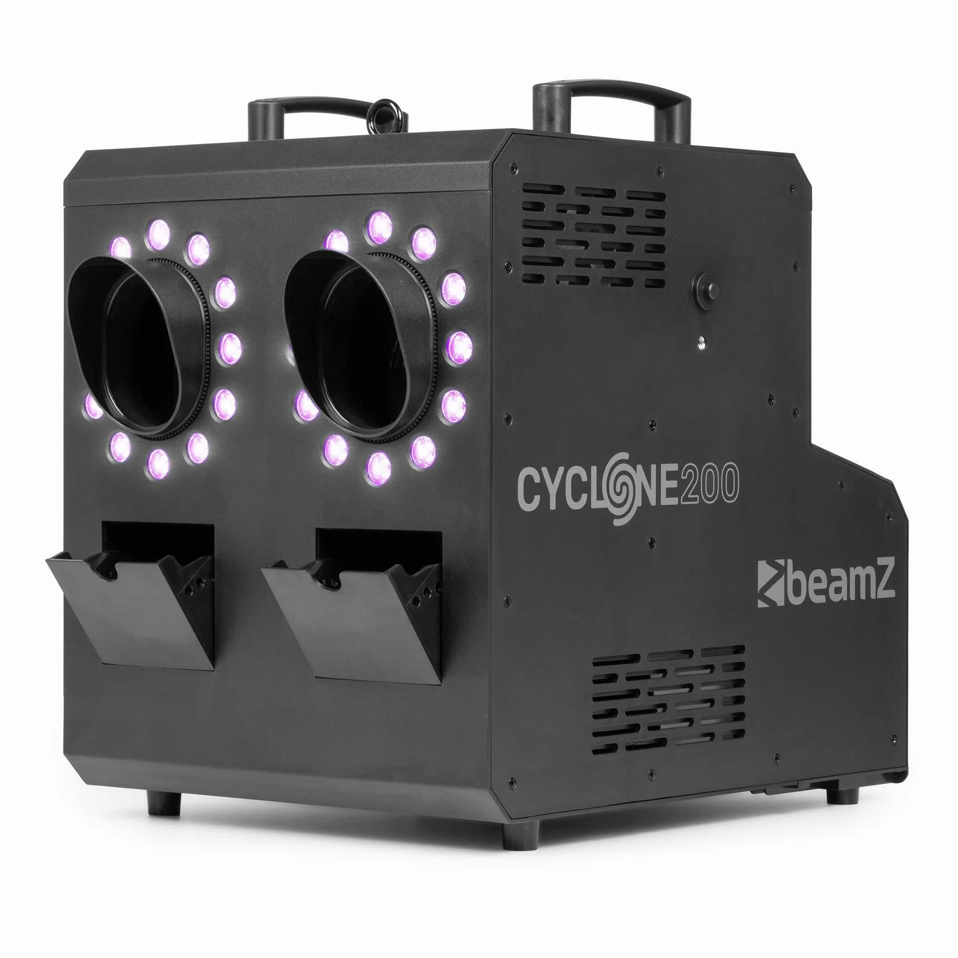BeamZ Cyclone200 máquina de humo y burbujas con 24 LED RGBW, tanques dobles 1,2 L, caudal 250 m³/min, control DMX 11 canales, panel LCD, temporizador y mando a distancia