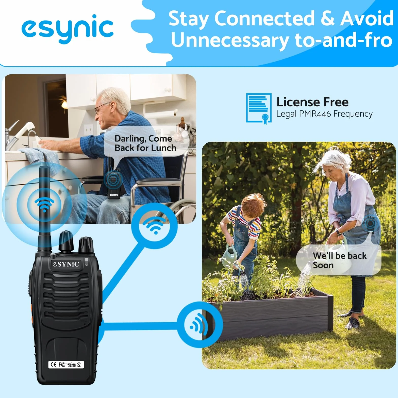 eSynic 4PCS Walkie Talkie Recargable 16 Canales Walkie Talkie de Largo Alance con Auriculares Originales CTCSS DCS Walky Talky Admite VOX LED Linterna para Ciclismo y Senderismo,etc