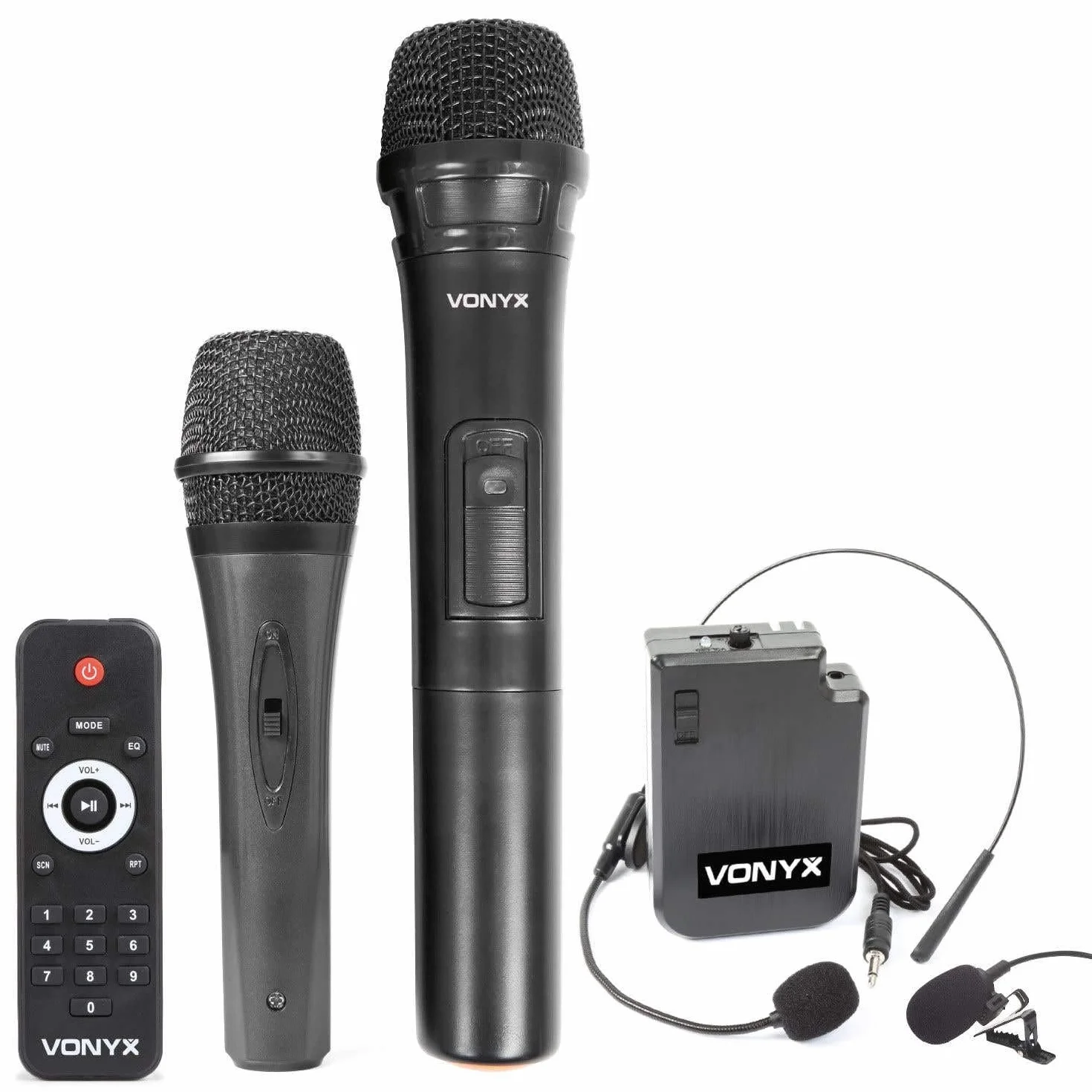 Vonyx AP1500PA – Altavoz Bluetooth Grande Potente 15" 800W con micrófono con Cable, micrófono inalámbrico UHF y petaca UHF con Micro de Solapa o Diadema, batería Recargable y USB