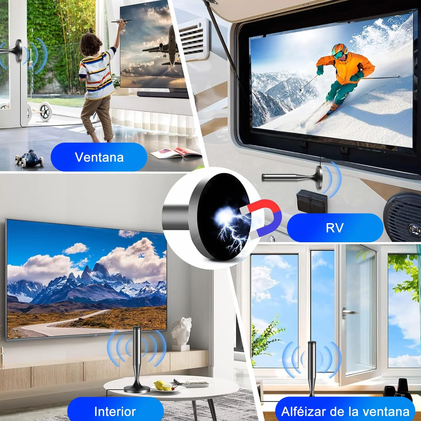 Antena TV Interior Potente para Smart TV TDT HD 4K/1080P Recepción 360° Base Magnética Fuerte Cable Coaxial 5 m Compatible DVB-T2/DVB-T