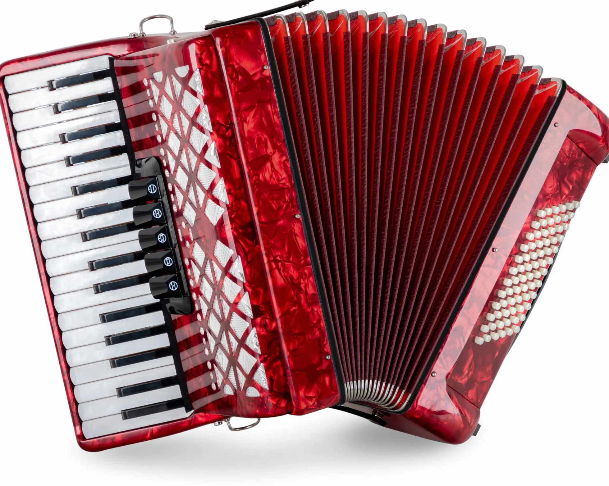 Acordeón Classic Cantabile 72 Bajos "Secondo V" - Acordeón de teclas - 3 voces - 34 teclas de agudos - con correas y funda mochila - Rojo