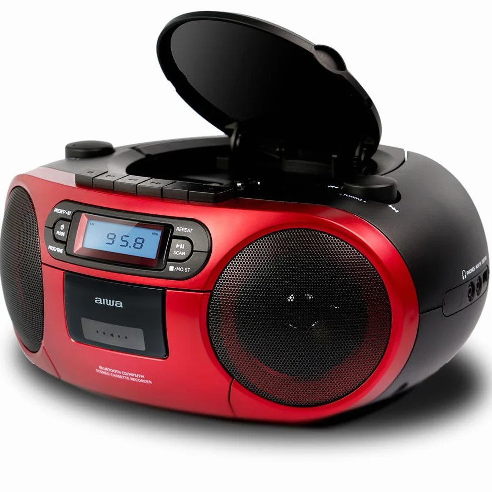 Aiwa BBTC-550RD Radio Cassette Portátil con CD Bluetooth USB Grabador Cassettes Rojo