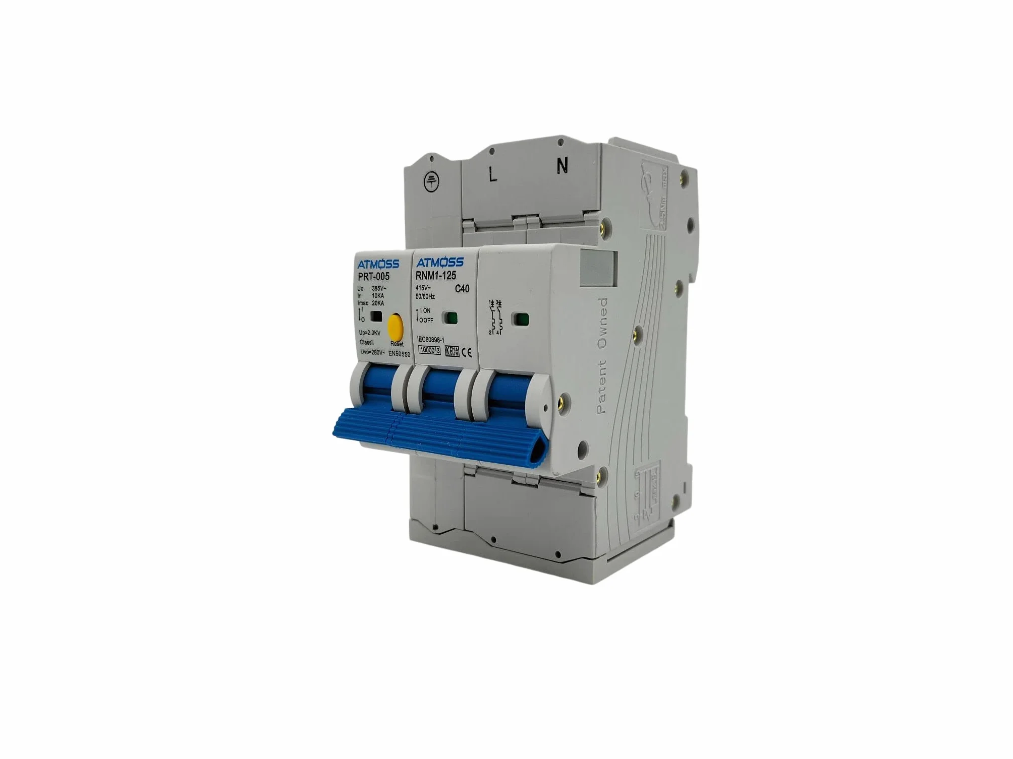 RASMACOR | Protector combinado sobretensiones Transitorio + Permanente 2P 40A | 2P 40A Tipo 2 Monofásico 10KA | Precableado | Clase C | No instalar en líneas sin neutro (N) y sin toma de tierra (PE)