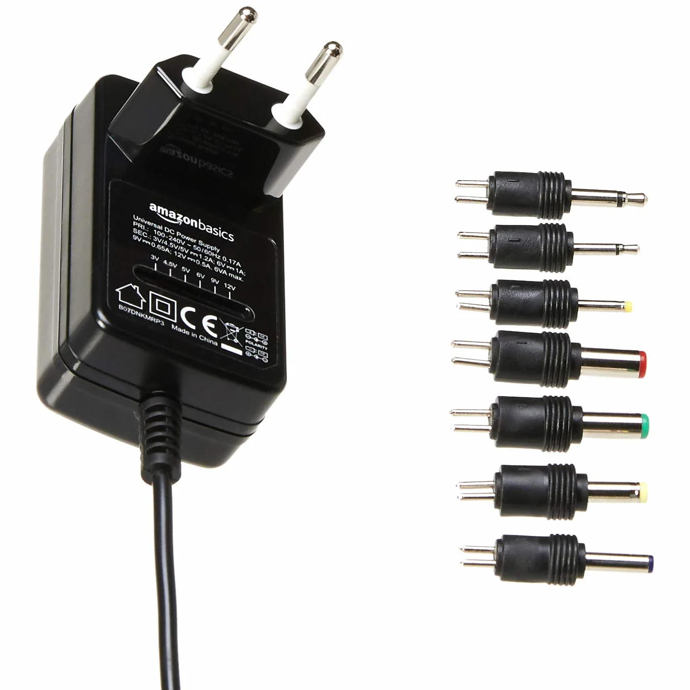 Amazon Basics Adaptador de Fuente de alimentación de CC, Universal, con 7 Conectores Intercambiables, 3-12 V, polaridad Reversible, Extra Grande, Negro
