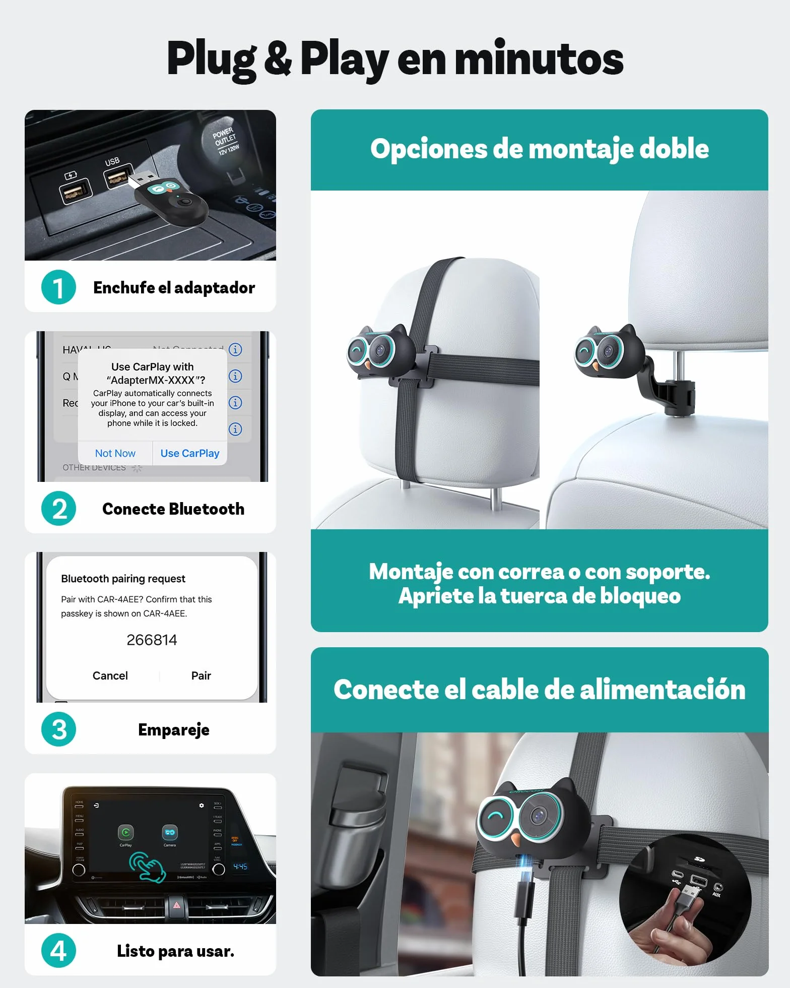 OTTOCAST Cabin Care 2026, CarPlay Inalámbrico + Cámara Trasera de Seguridad para Bebés/Mascotas, 1080P, IR Visión Nocturna, Ultra Gran Angular 150°, Compatible iOS 10+ y Coches con Carplay Desde 2016