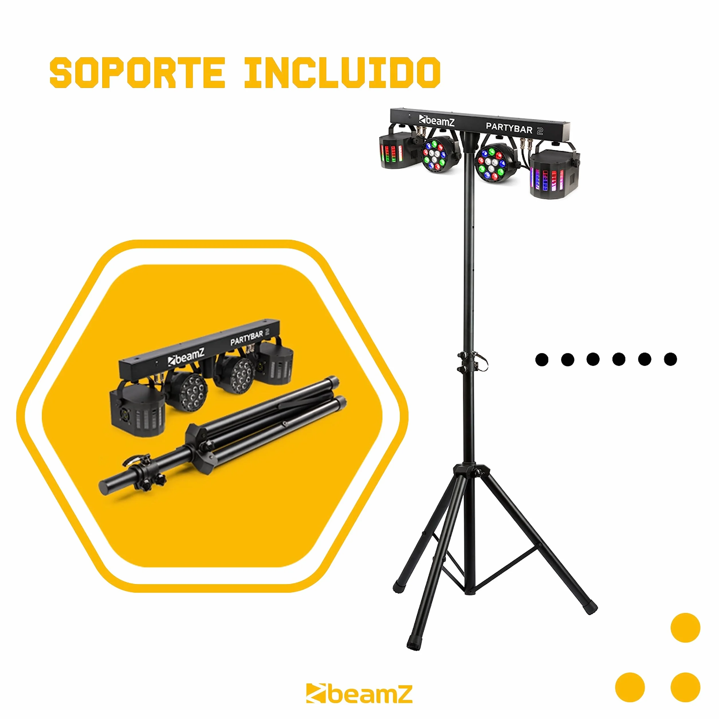 BeamZ Partybar2 - Sistema de iluminación con 2 focos PAR LED y 2 efectos Derby, control por sonido y DMX, programas automáticos, trípode incluido, ideal para fiestas, DJs, escenarios o eventos