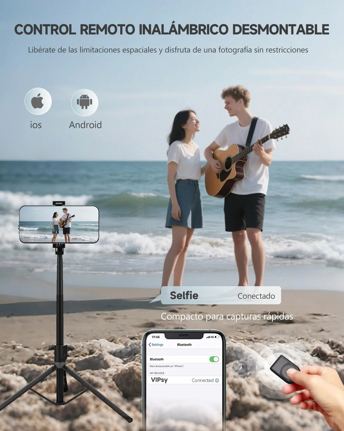 180cm Tripode para Movil & Palo Selfie - Tripode Movil Extensible Portátil con Mando Inalámbrico, Compatible con iPhone/Samsung/GoPro/Cámaras